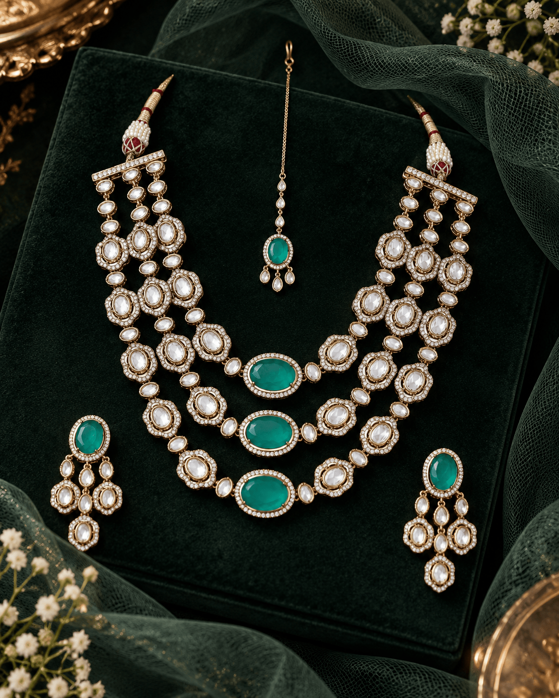 Mataari Necklaces Ragavi Gold Plated Oval Kundan Polki Layered Opal Necklace with Maang Tikka