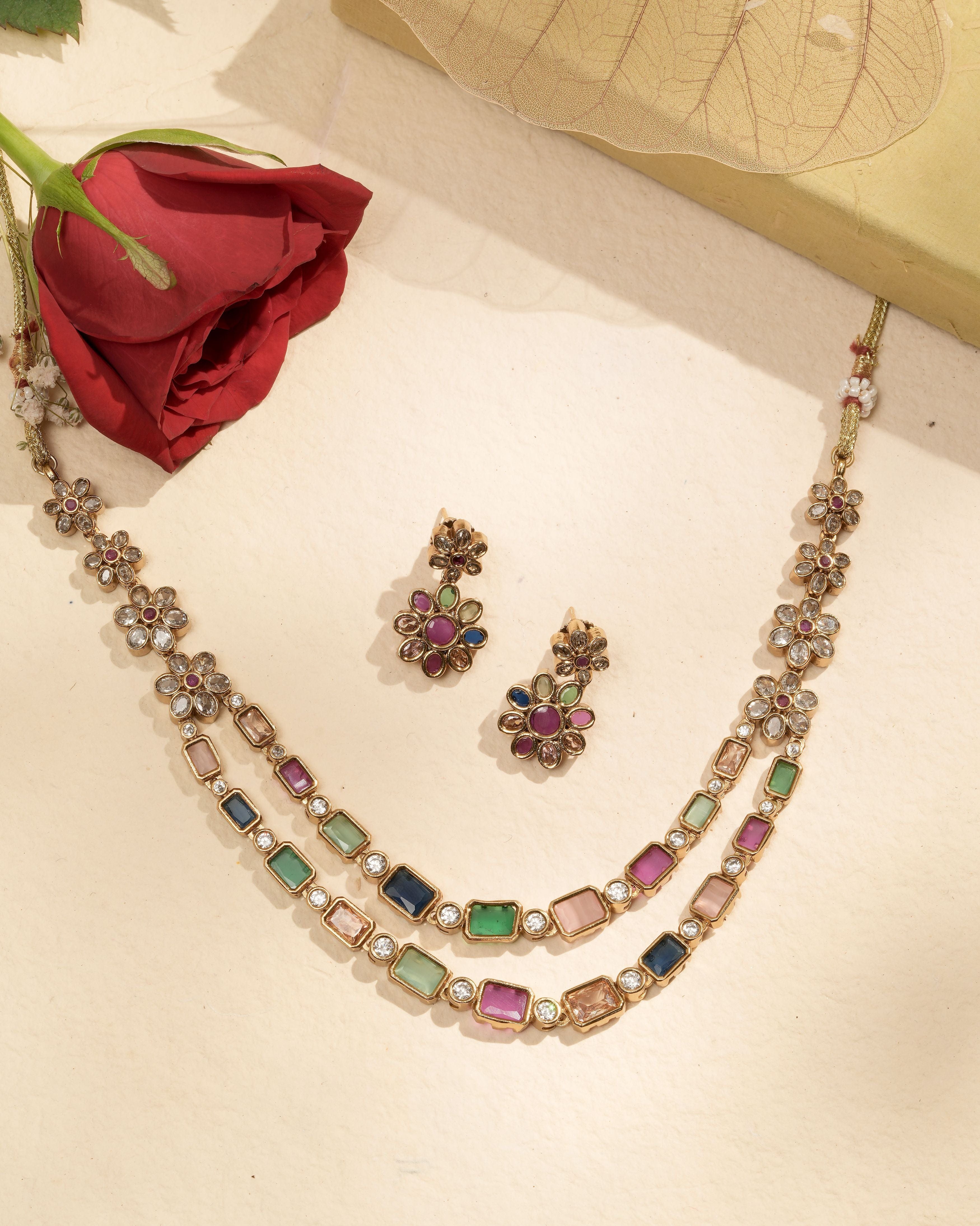 Mataari Necklaces Rainbow Elegance Multicolor Necklace & Earrings Set | Gold Tone | Indian Jewelry | Mataari