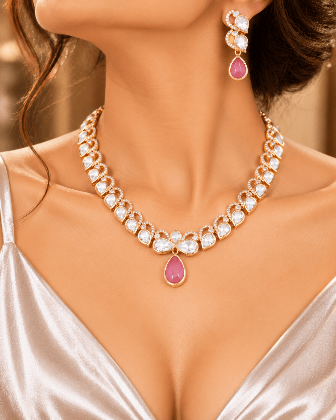 Mataari Necklaces Rajvi Gold Plated Polki Kundan Teardrop Solitaire Necklace
