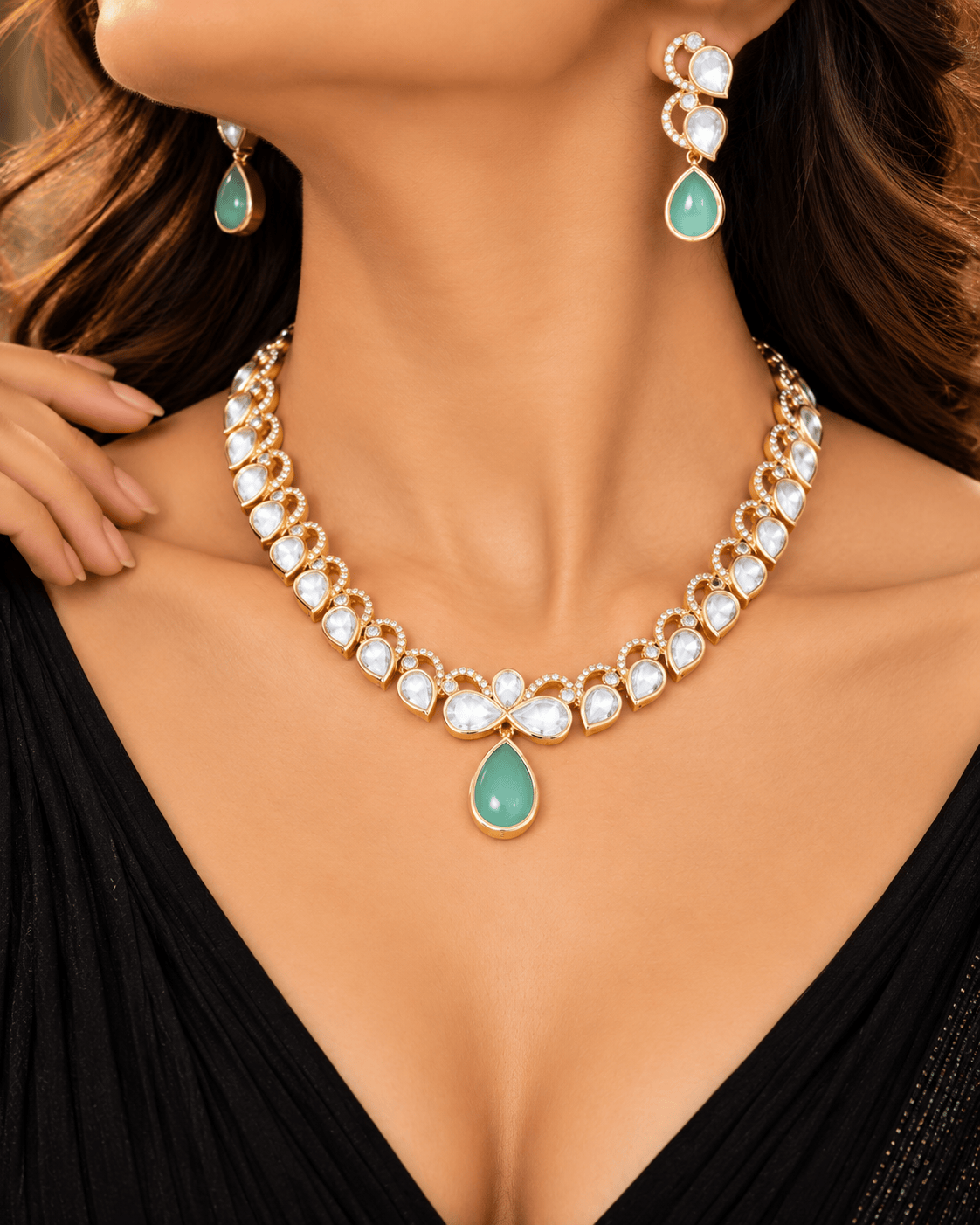 Mataari Necklaces Rajvi Gold Plated Polki Kundan Teardrop Solitaire Necklace
