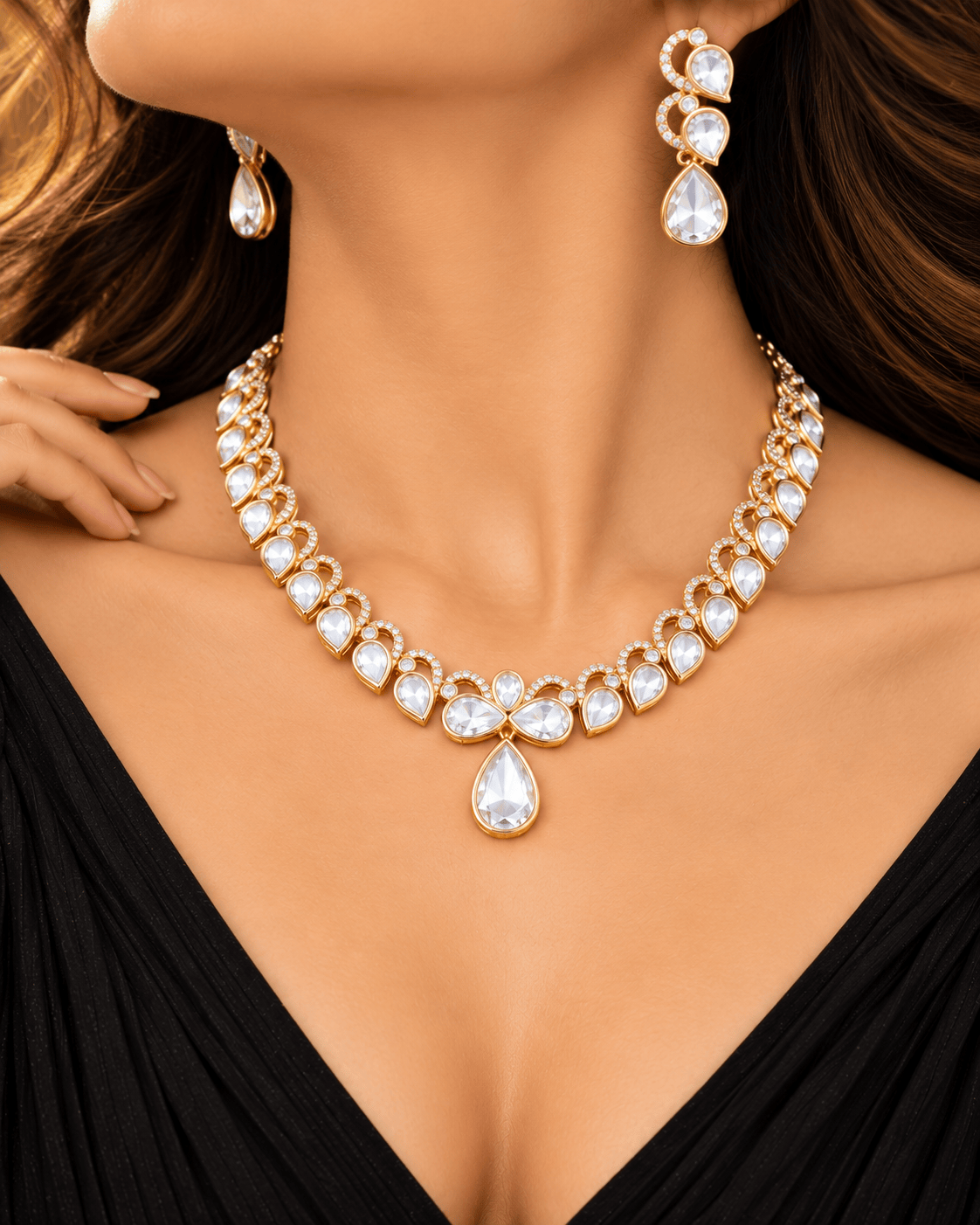 Mataari Necklaces Rajvi Gold Plated Polki Kundan Teardrop Solitaire Necklace