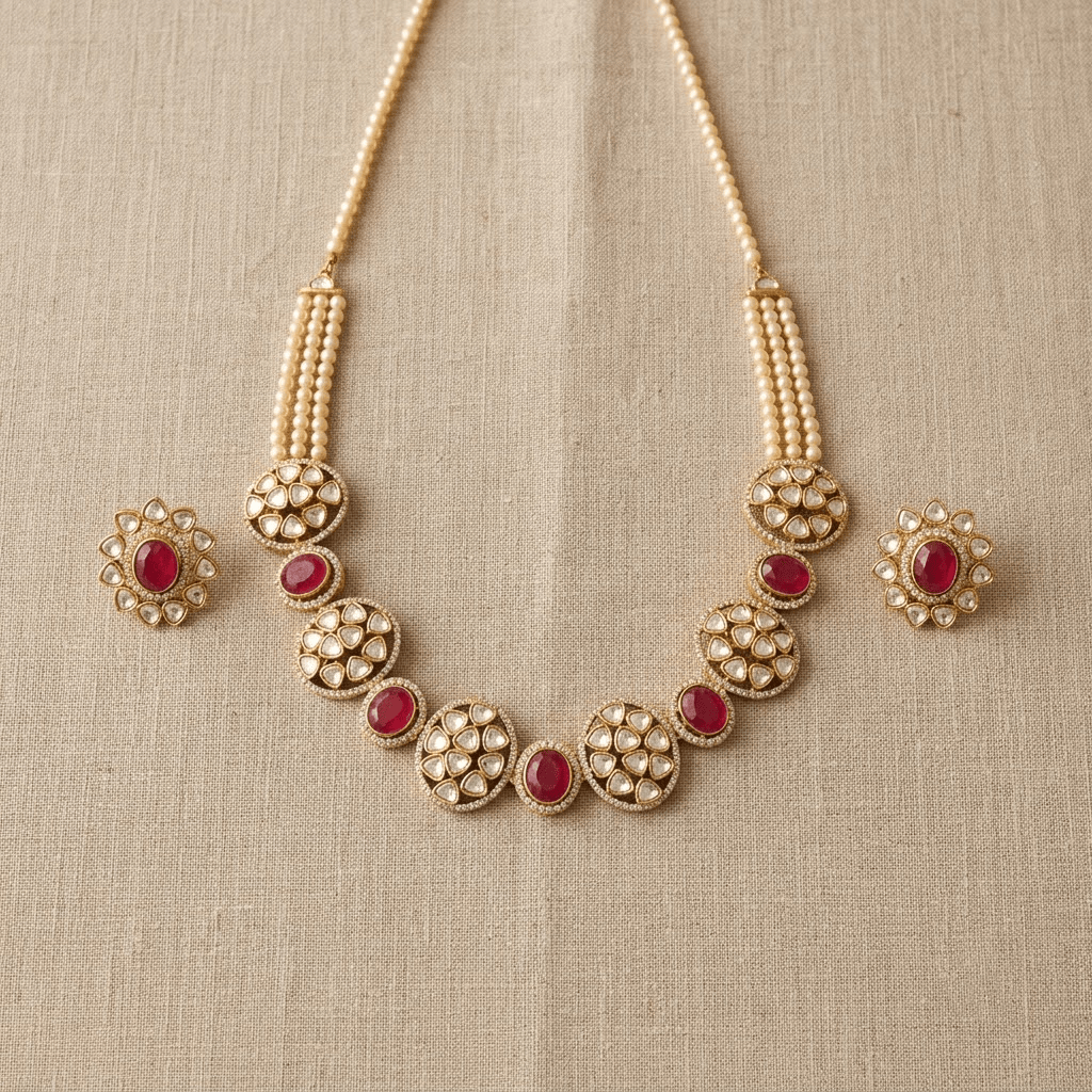 Mataari Necklaces Antique Gold Mint Oval Cubic Zirconia Polki Pearl Single Line Necklace