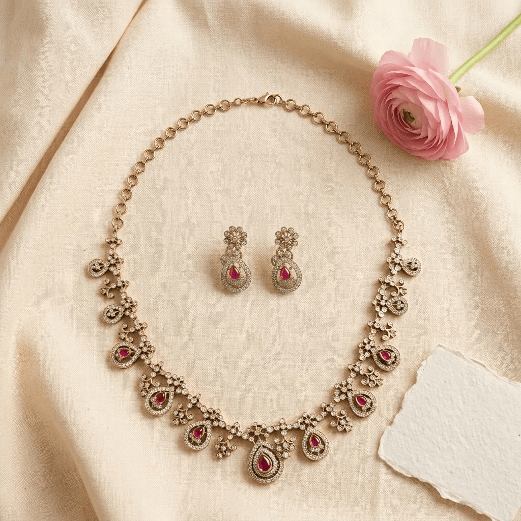 Mataari Necklaces Antique Gold Plated Cubic Zirconia Teardrop Ruby Necklace for Wedding