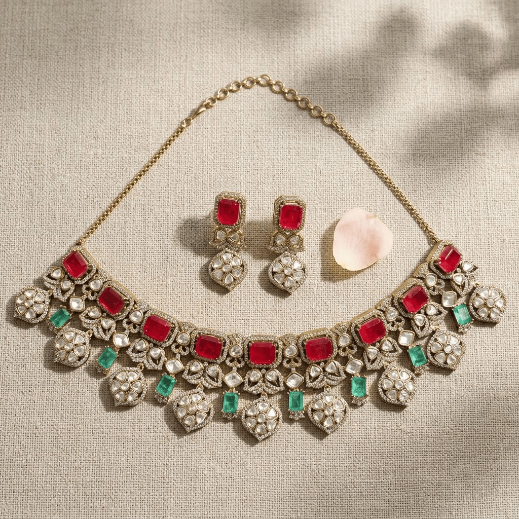 Mataari Necklaces Antique Gold Plated Kundan Choker Polki Necklace with Ruby & Emerald Accents