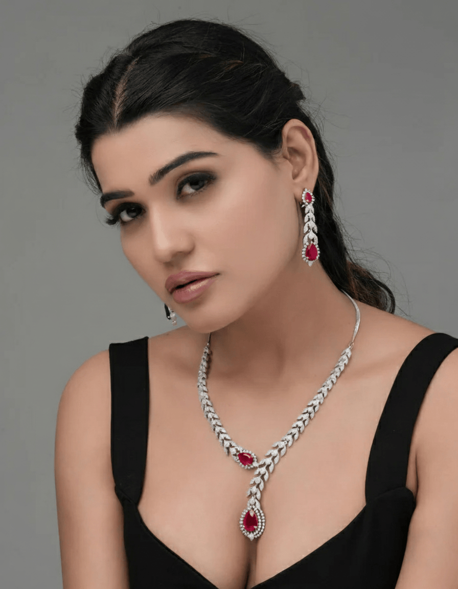 Mataari Necklaces Azure Whisper CZ Teardrop snake shape Necklace | Rhodium | Indian Jewelry | Mataari