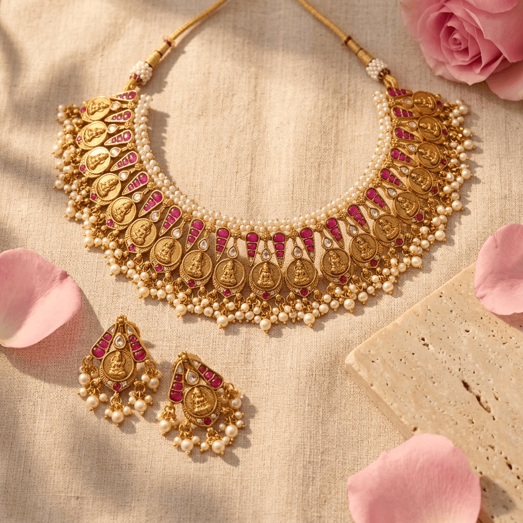 Mataari Necklaces Coin Antique Gold Goddess Lakshmi Polki Kundan Pearl Beaded Necklace