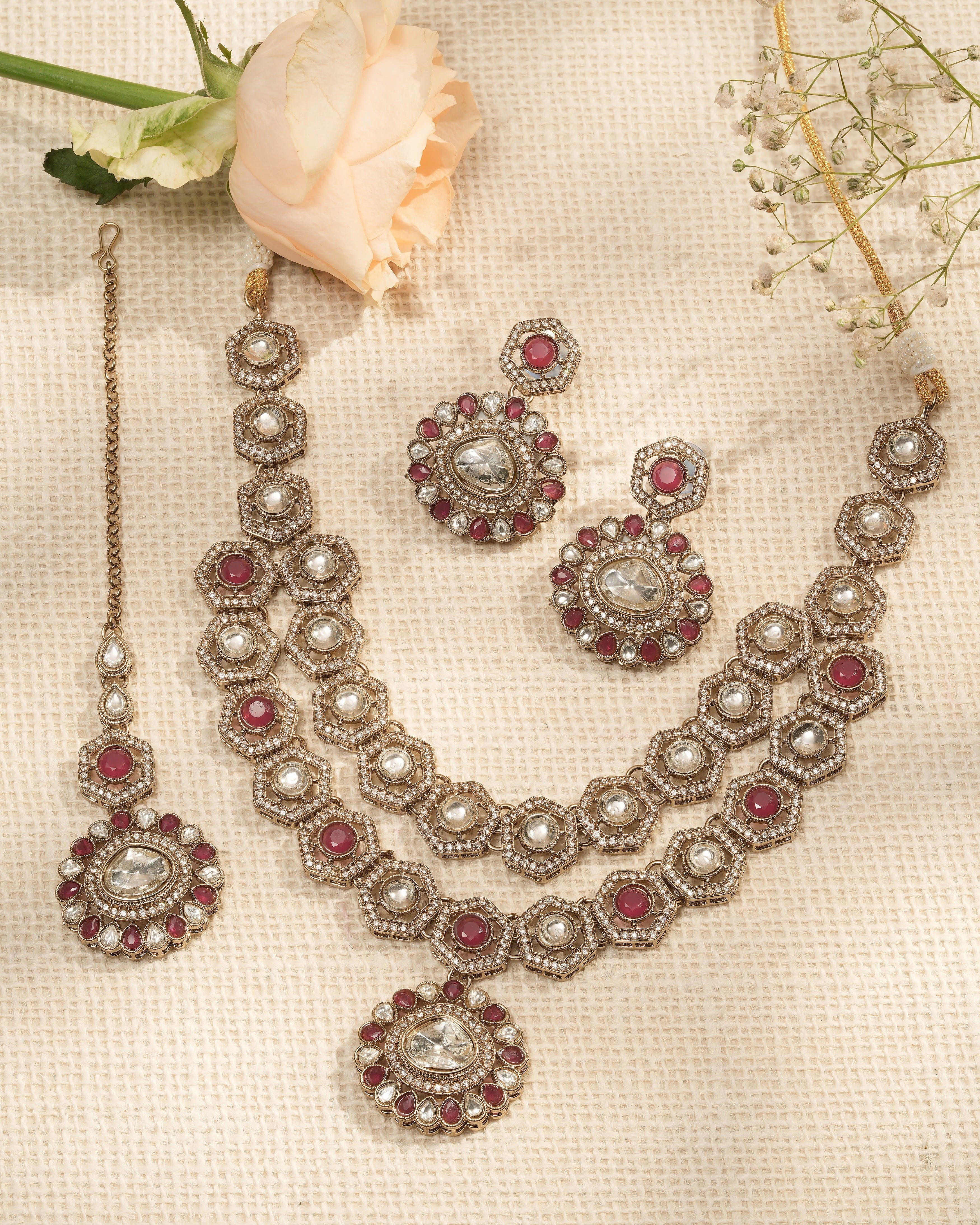Mataari Necklaces Crimson Crest – Red & Hexagon Zedex | Brass | Indian Jewelry | Mataari