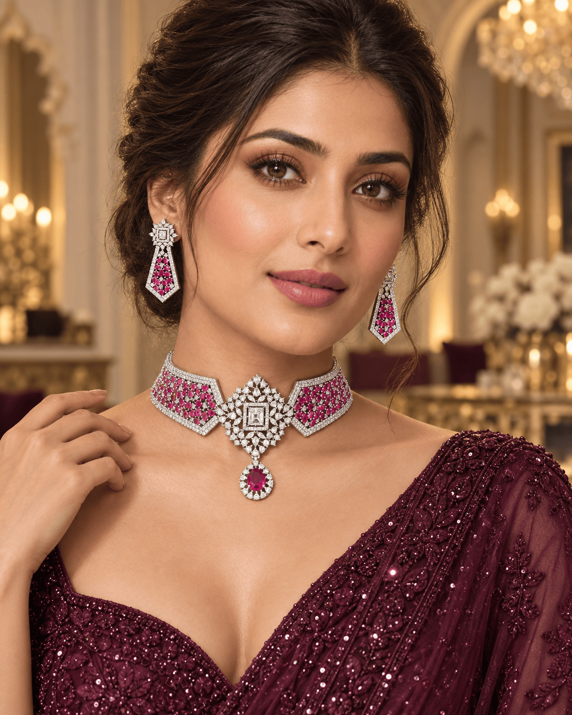 Mataari Necklaces Crystal Cubic Zirconia Silver Plated Bridal Choker Necklace