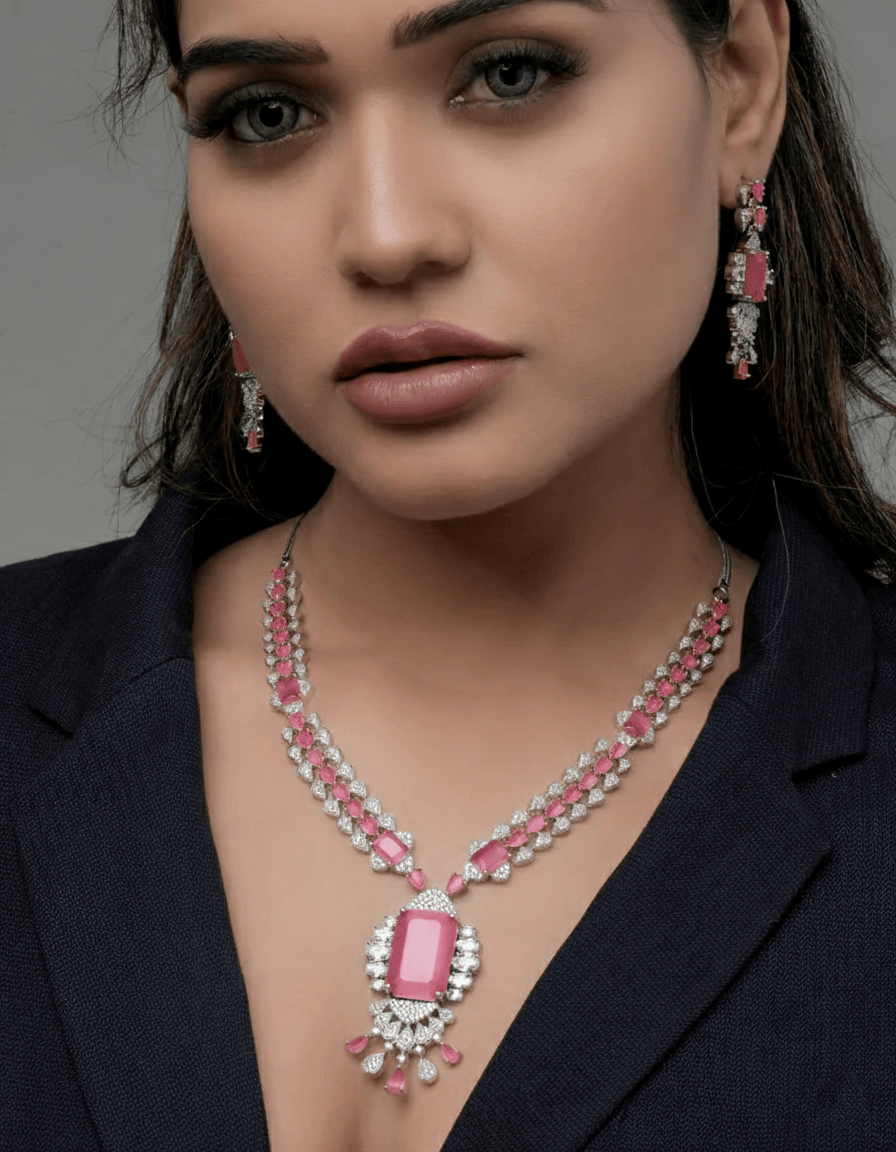 Mataari Necklaces Elegant Green Teardrop Necklace & Earrings Set | Rhodium | Indian Jewelry | Mataari