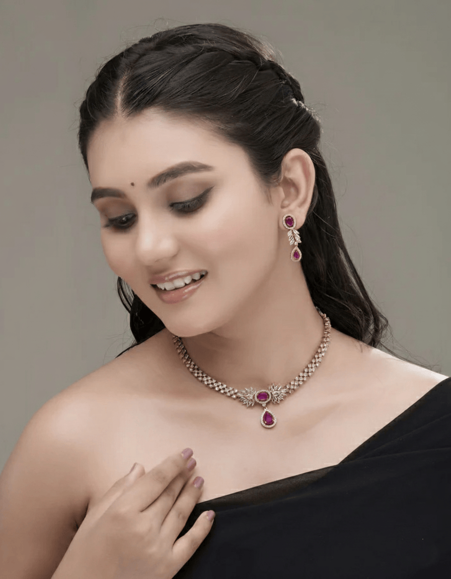 Mataari Necklaces Emerald Dew Adjustable CZ Necklace & Earrings Set | Multi-Color: Green, Red, Pink & Blue | 22K Gold Tone | Indian Bridal Jewelry