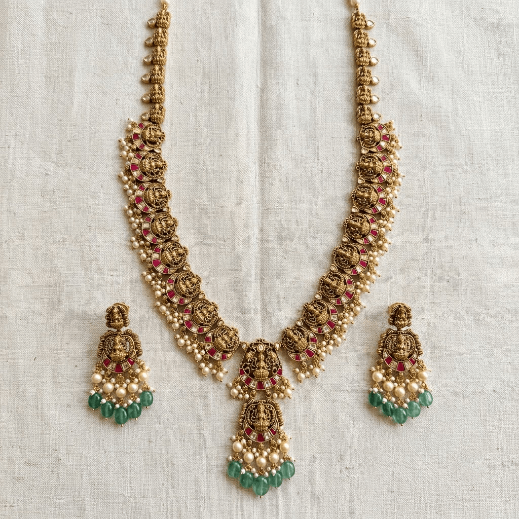 Mataari Necklaces Goddess Lakshmi Antique Gold Kundan Polki Pearl Beaded Necklace