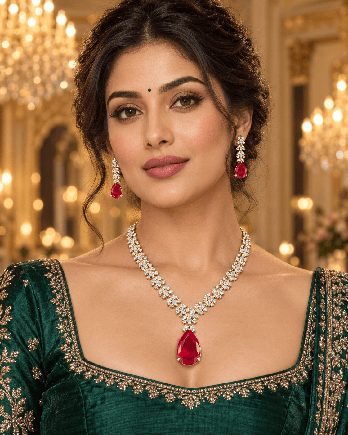 Mataari Necklaces Gold Plated Crystal Cubic Zirconia Bridal Necklace with Ruby & Rose Quartz Accents