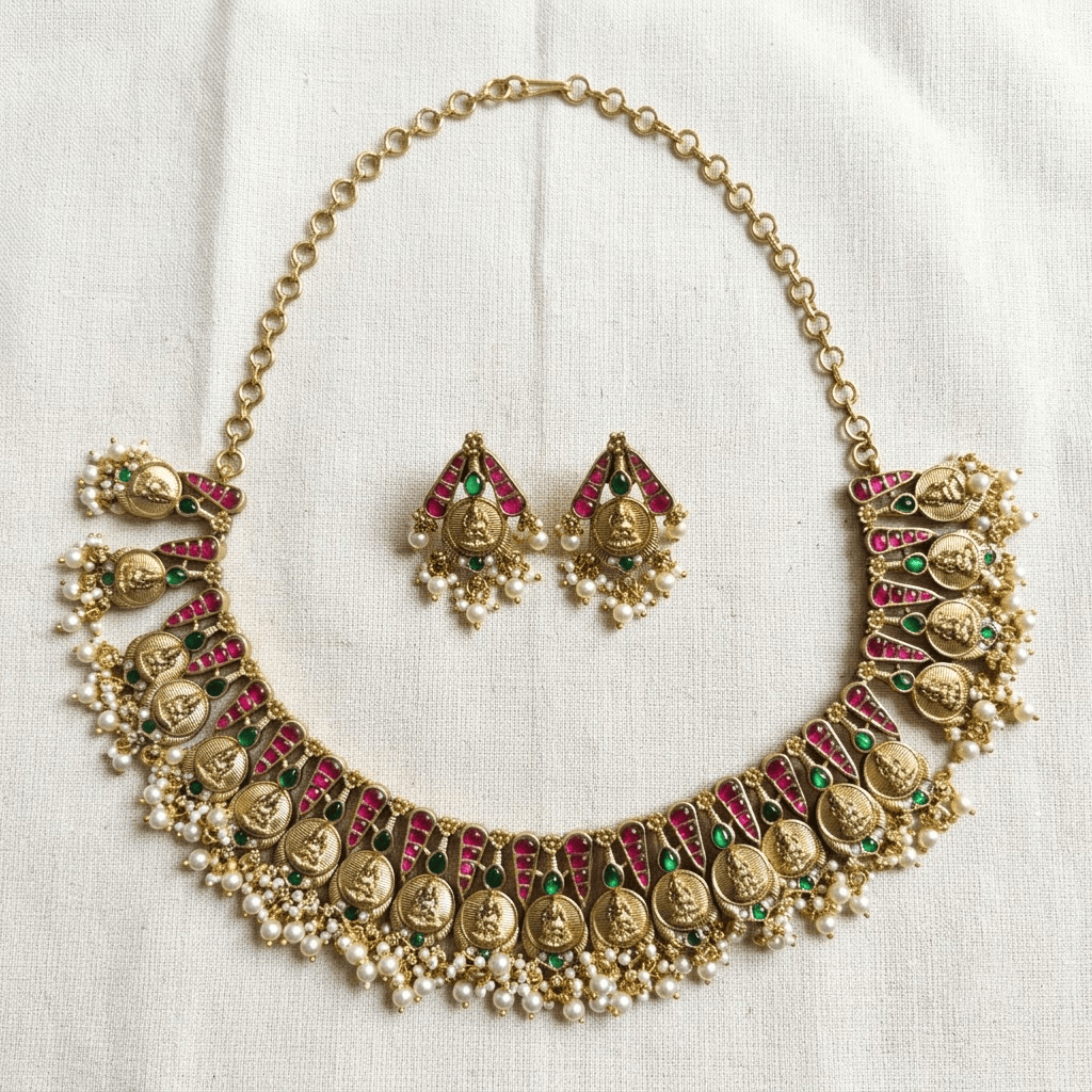 Mataari Necklaces Coin Antique Gold Goddess Lakshmi Polki Kundan Pearl Beaded Necklace