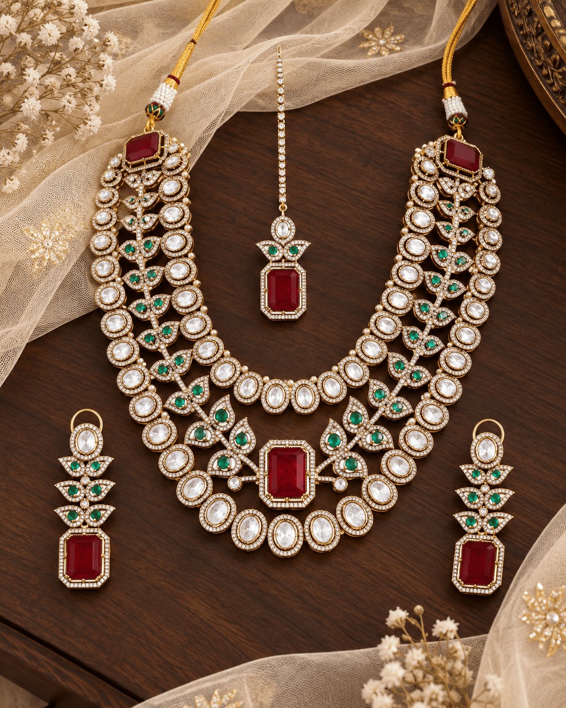Mataari Necklaces Iva Layered Gold Plated Polki CZ Bridal Long Necklace