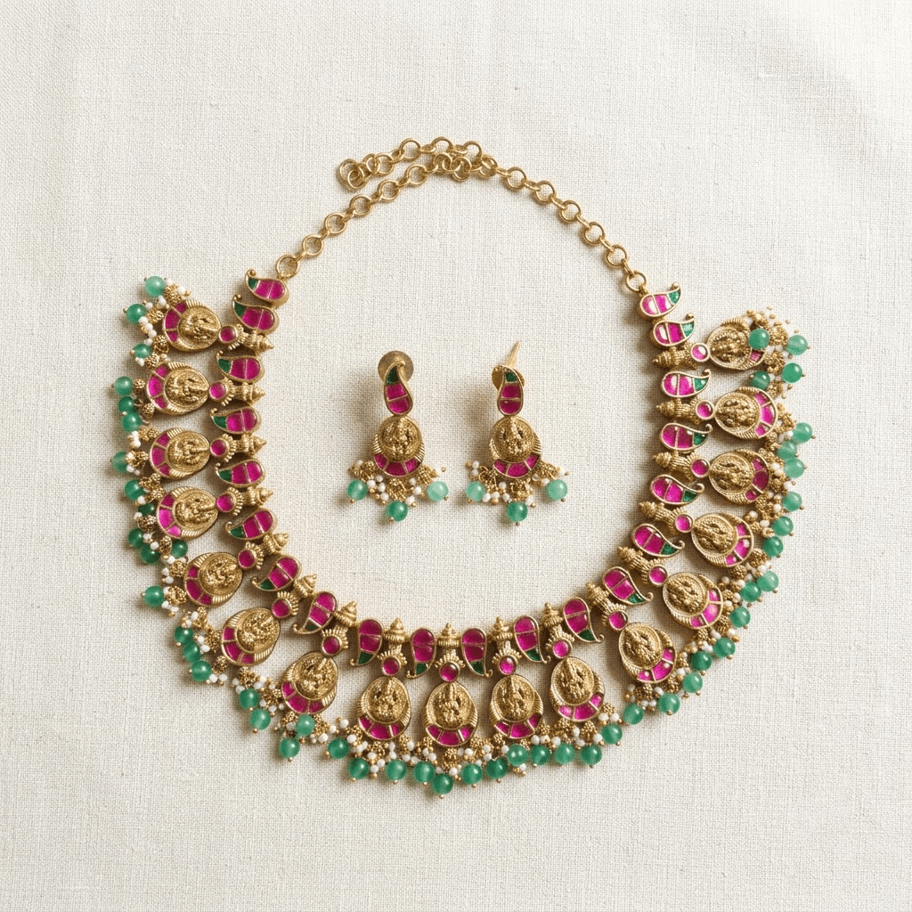 Mataari Necklaces Mango Antique Gold Goddess Lakshmi Coin Kundan Polki Pearl Necklace