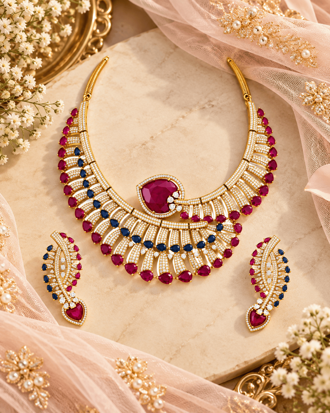 Mataari Necklaces Ziva Gold Plated Heart Crystal CZ Choker Necklace Set