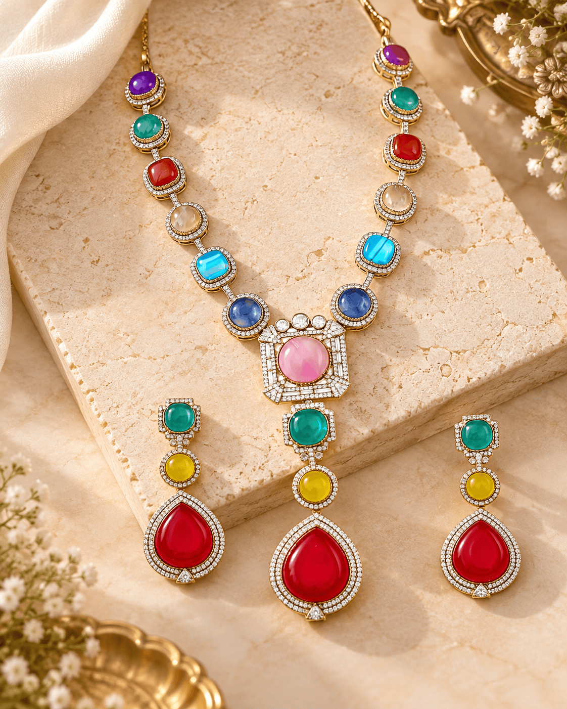 Mataari Necklaces Keya Gold Plated Crystal CZ Navratna Necklace Set