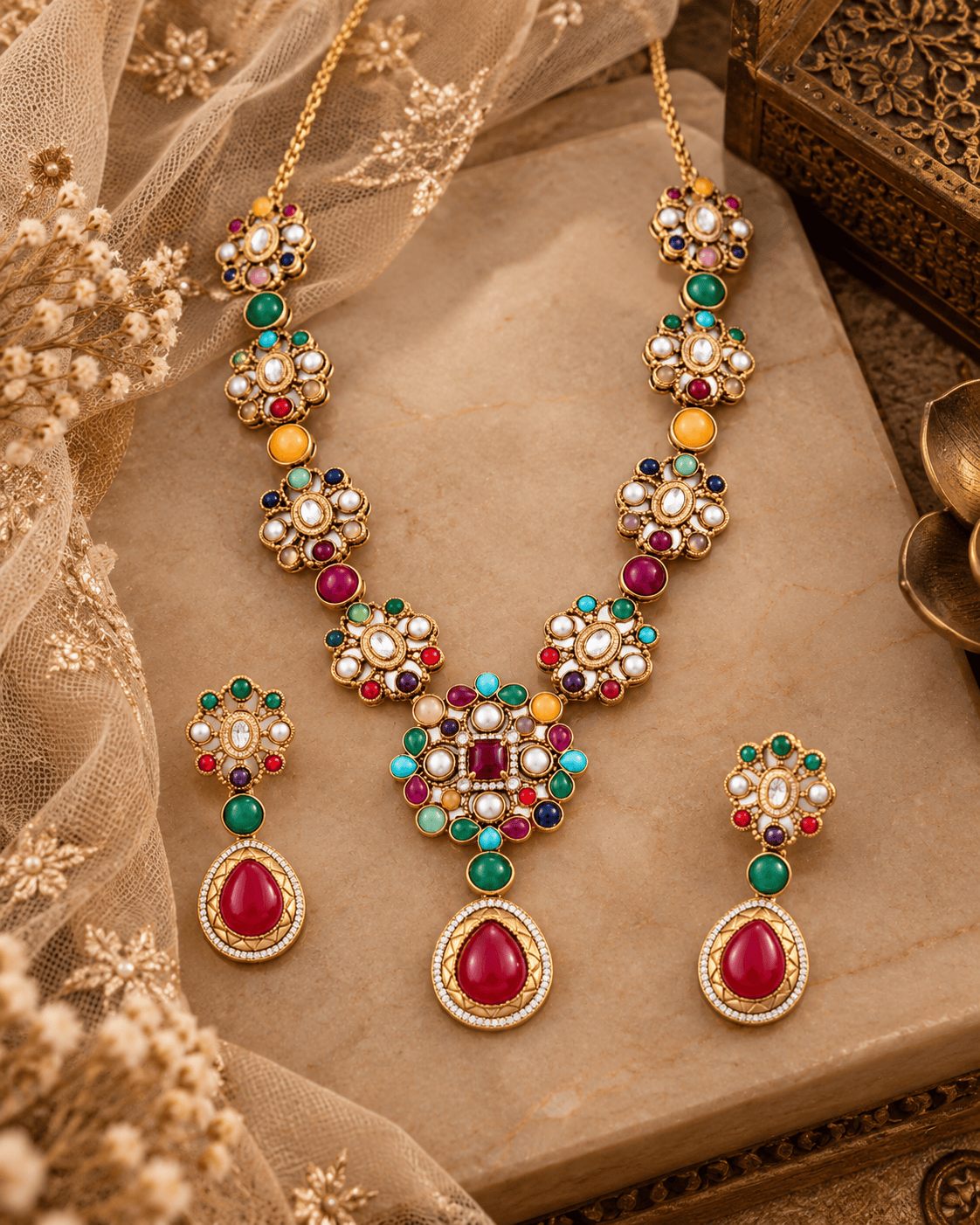 Mataari Necklaces Mehar Navratna Gold Plated Flower CZ Bridal Long Necklace