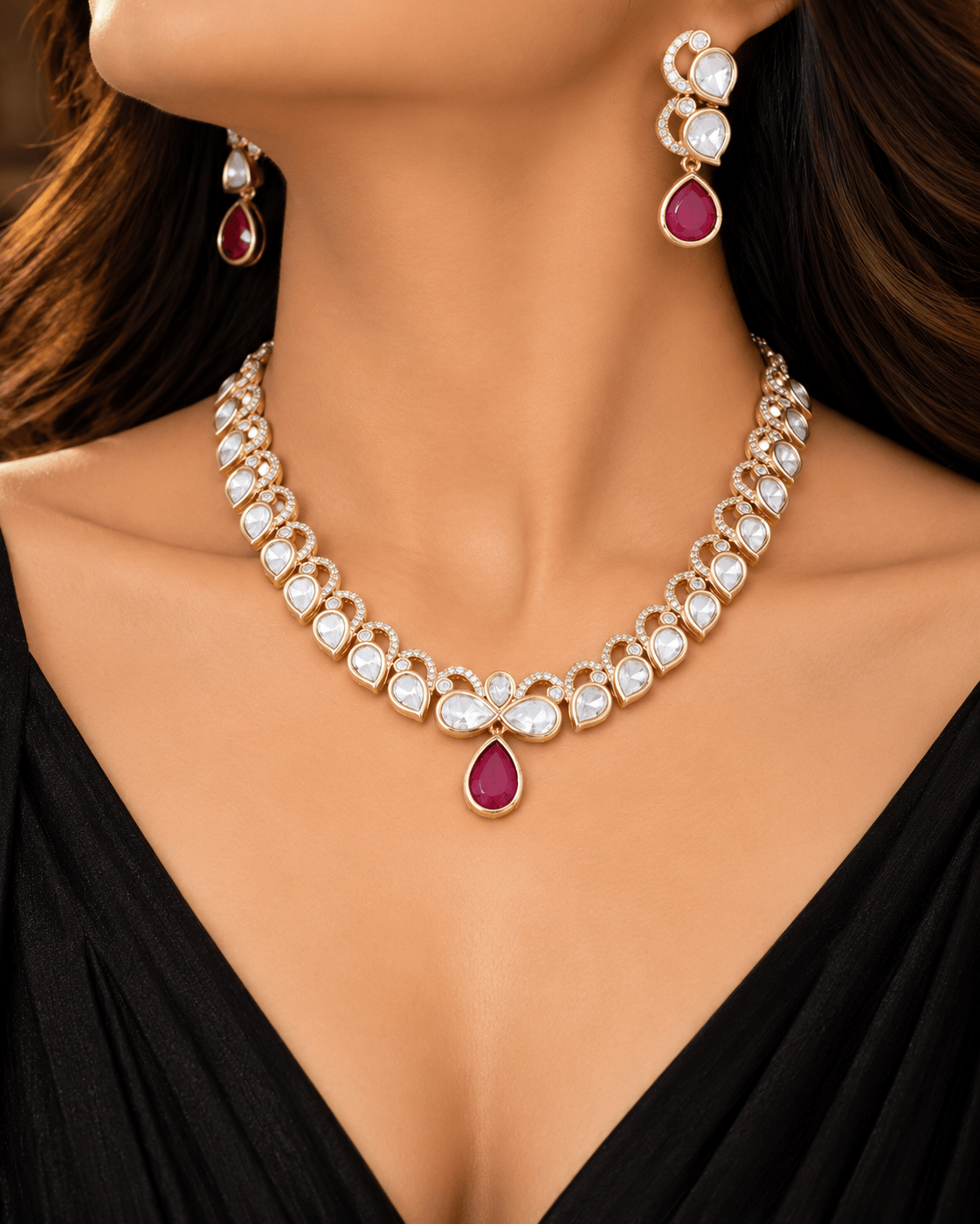Mataari Necklaces Rajvi Gold Plated Polki Kundan Teardrop Solitaire Necklace