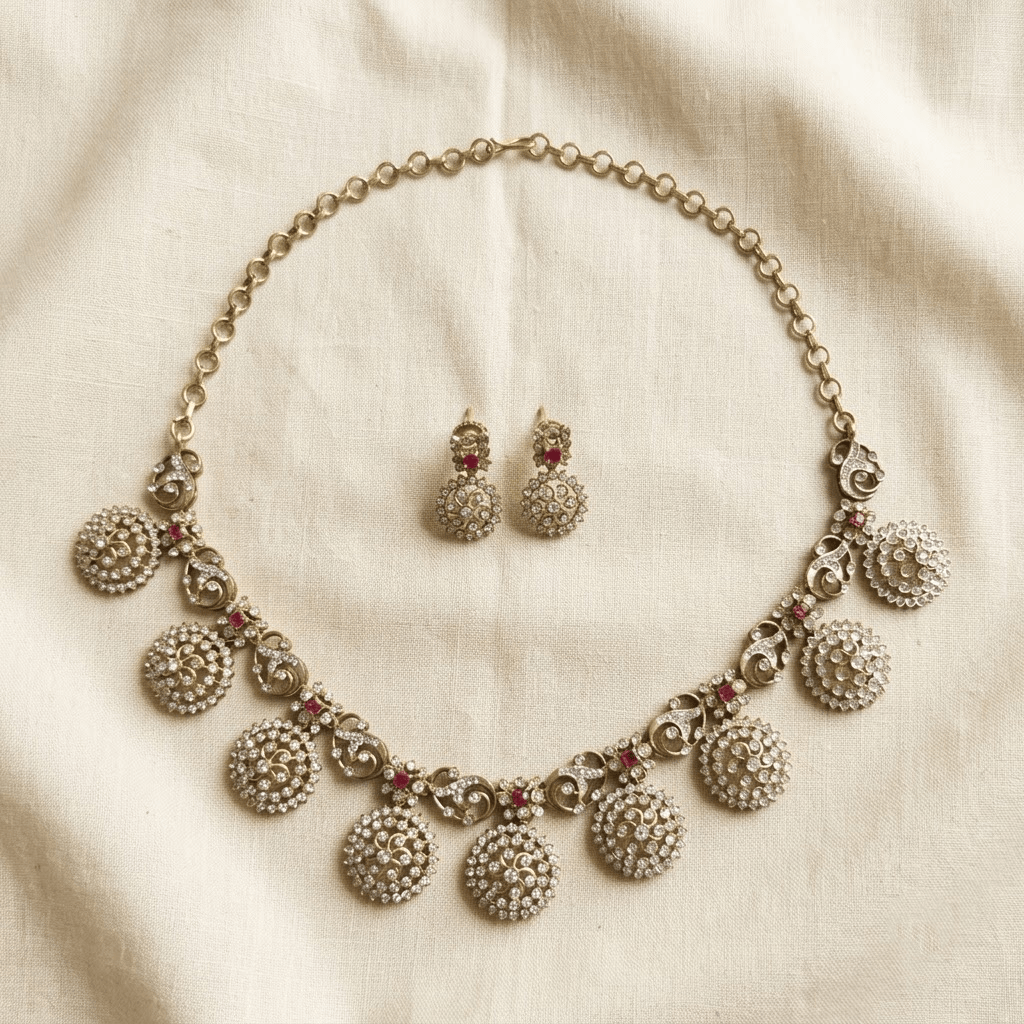 Mataari Necklaces Round Ruby Antique Gold Plated Cubic Zirconia Necklace for Wedding