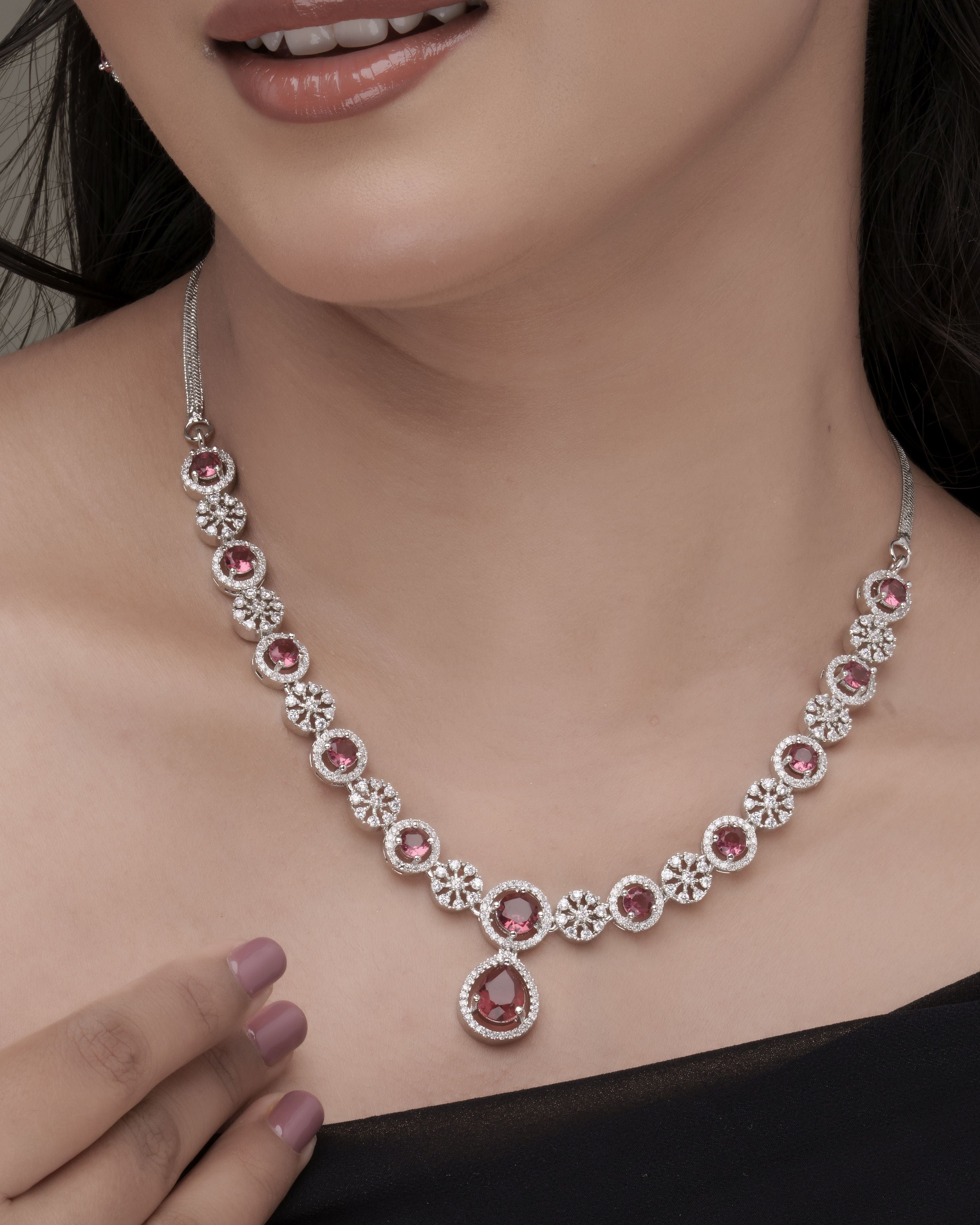 Mataari Necklaces Ruby Floral Halo Necklace & Earring Set | Rhodium | Indian Jewelry | Mataari