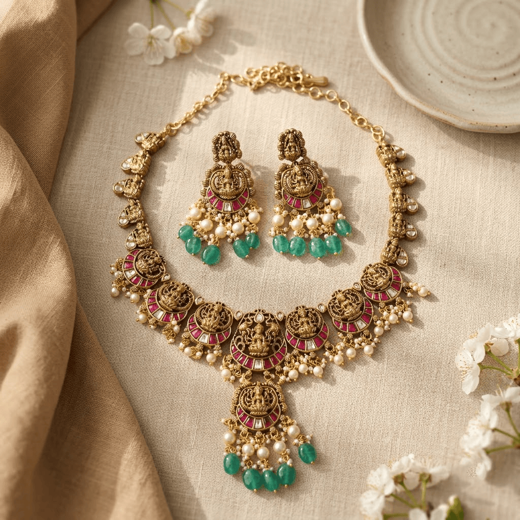 Mataari Necklaces Ruby Goddess Lakshmi Antique Gold Kundan Polki Pearl Beaded Necklace