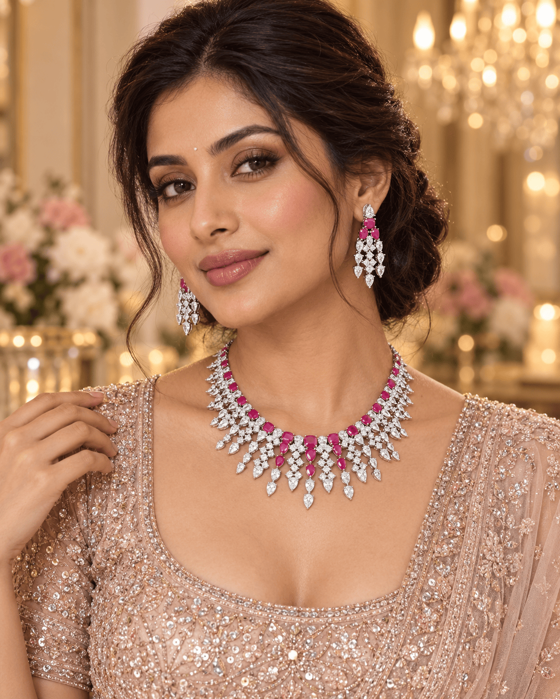 Mataari Necklaces Silver Plated Cubic Zirconia Crystal Bridal Necklace with Ruby & Emerald Accents