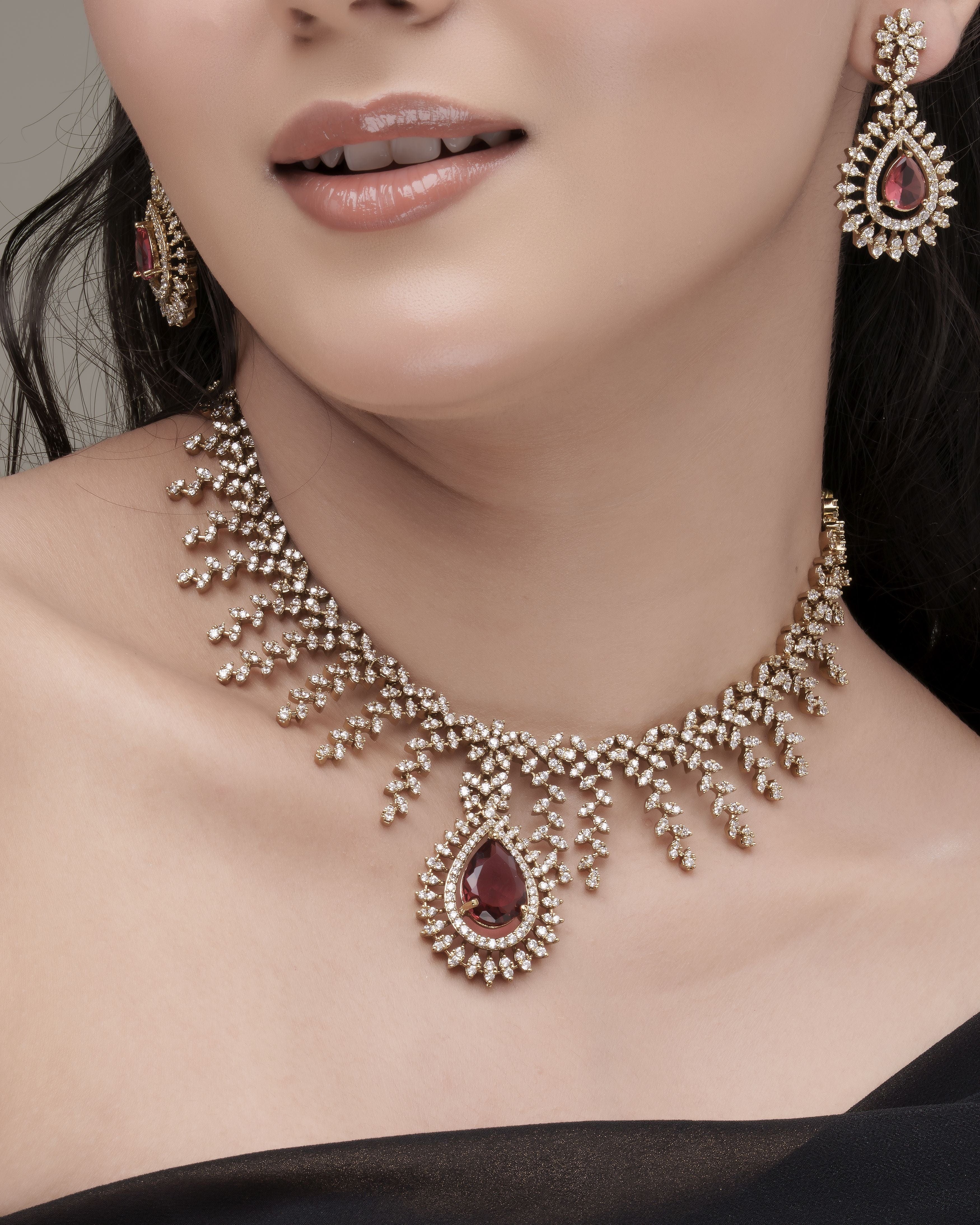 Mataari Necklaces Victorian Blushing Cascade Teardrop CZ Necklace & Earrings Set | Rose Pink & Ruby Red | 18K Gold Tone | Bridal Indian Jewelry