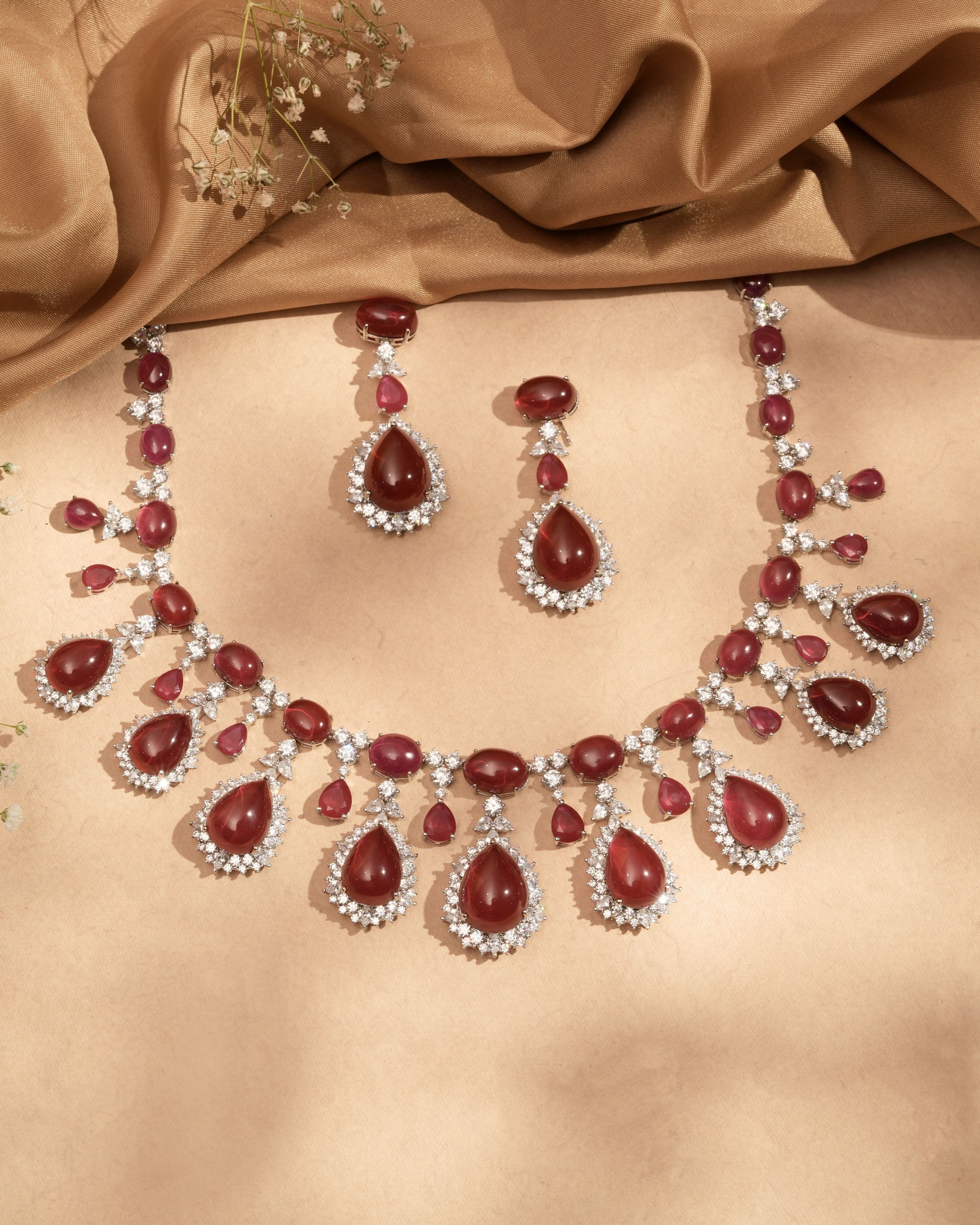 Mataari Necklaces Regal Ruby Teardrop CZ ( Swarovski Elements)  Necklace & Earrings Set – Bridal Statement Jewelry