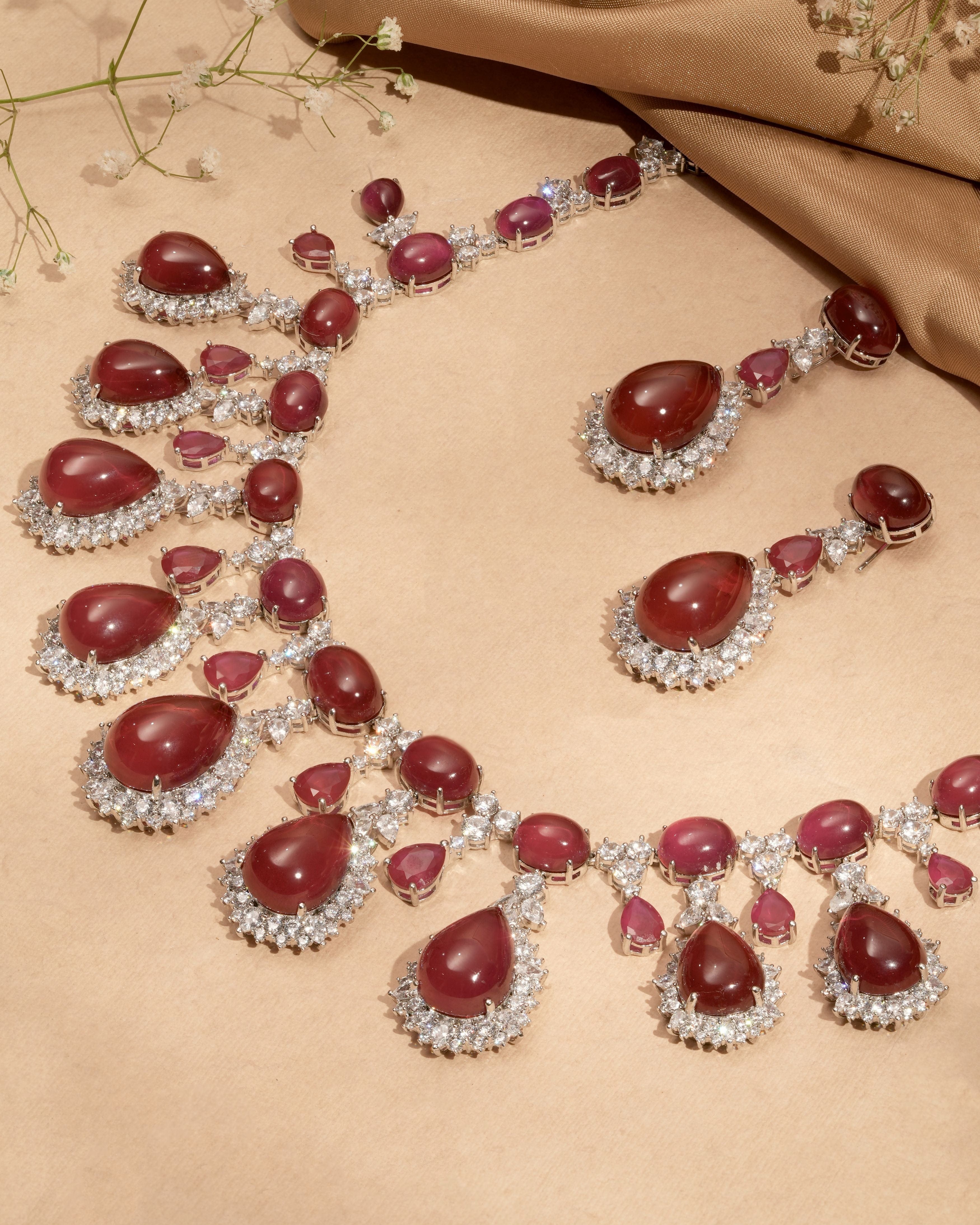Mataari Necklaces Regal Ruby Teardrop CZ ( Swarovski Elements)  Necklace & Earrings Set – Bridal Statement Jewelry