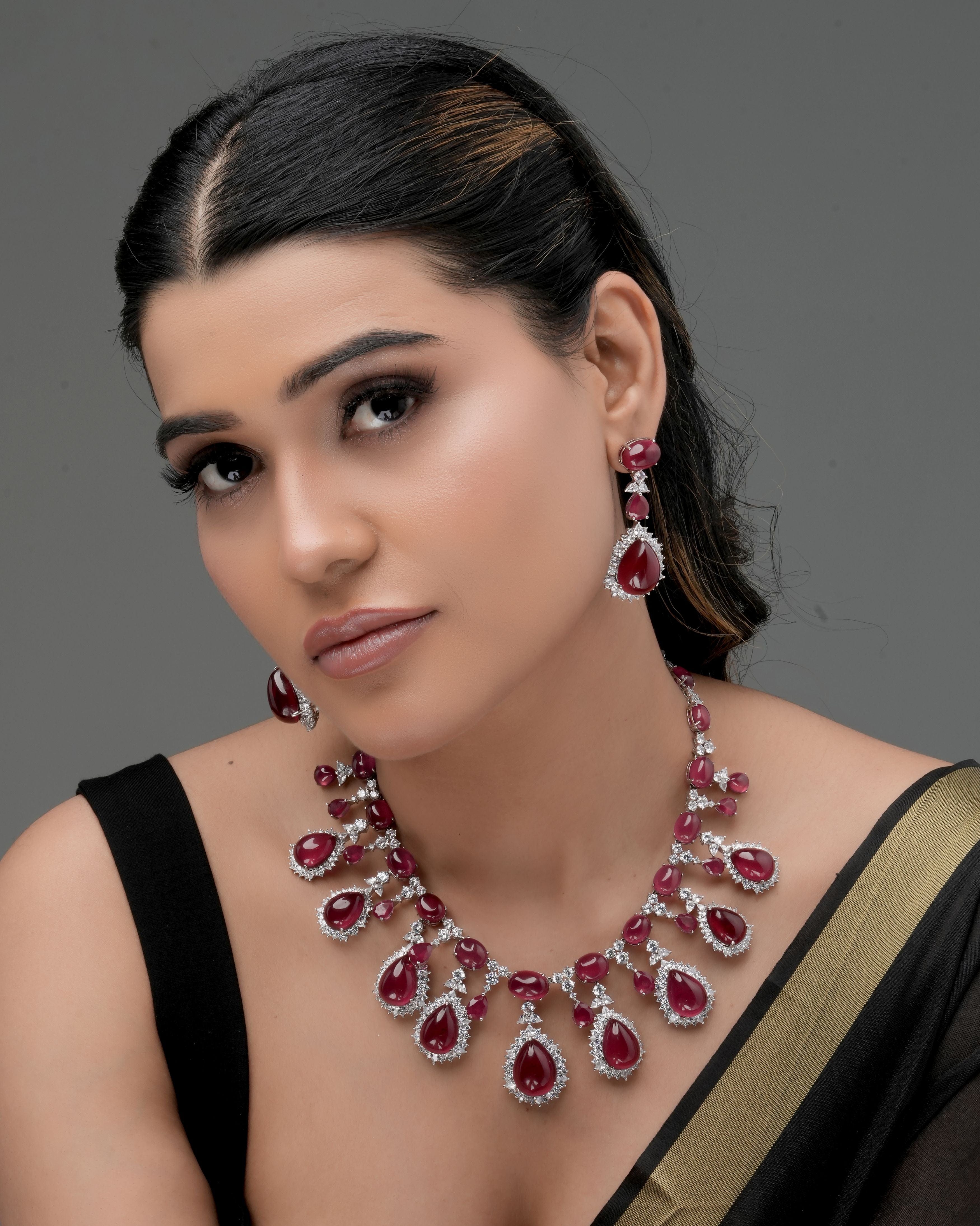 Mataari Necklaces Regal Ruby Teardrop CZ ( Swarovski Elements)  Necklace & Earrings Set – Bridal Statement Jewelry