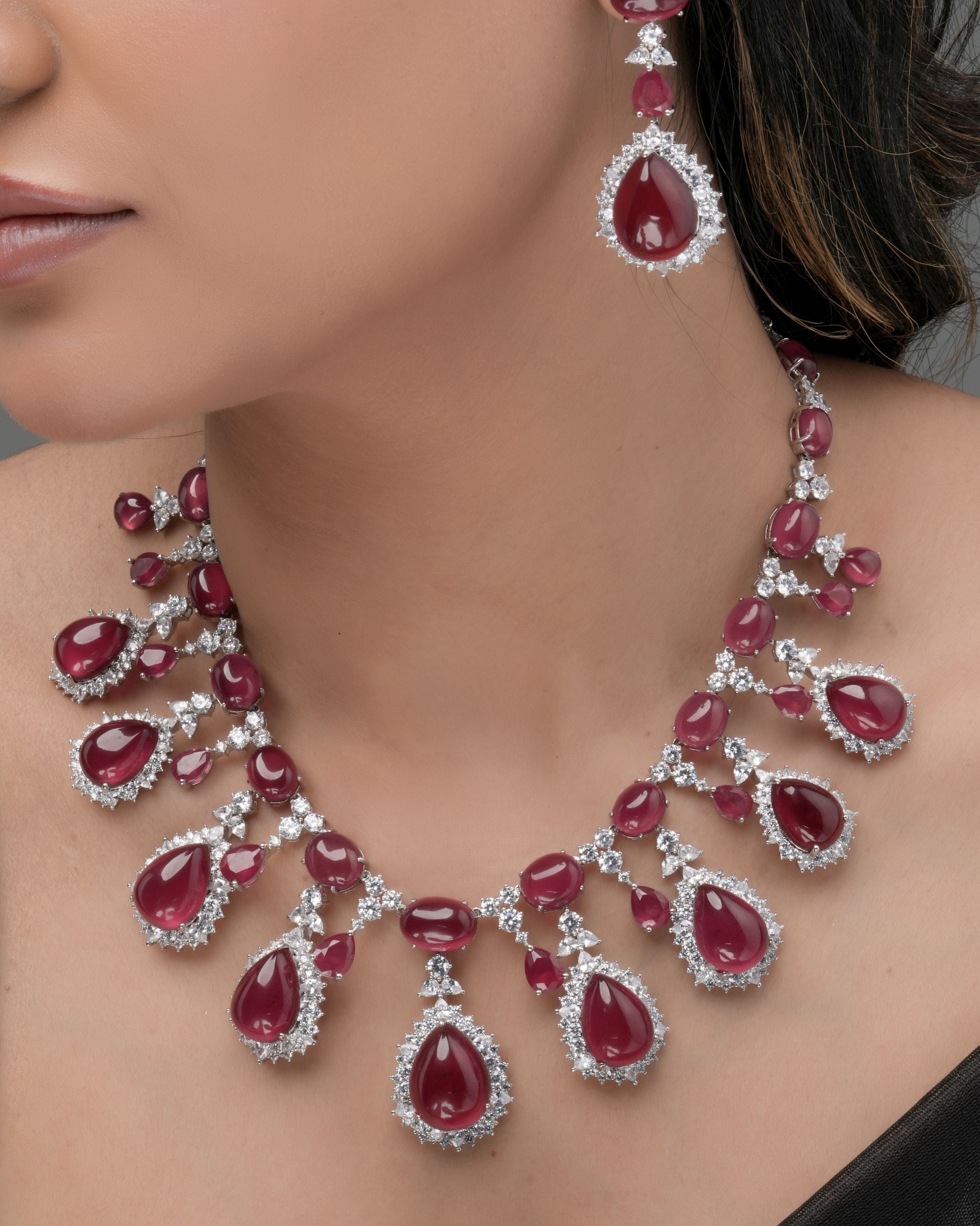 Mataari Necklaces Regal Ruby Teardrop CZ ( Swarovski Elements)  Necklace & Earrings Set – Bridal Statement Jewelry