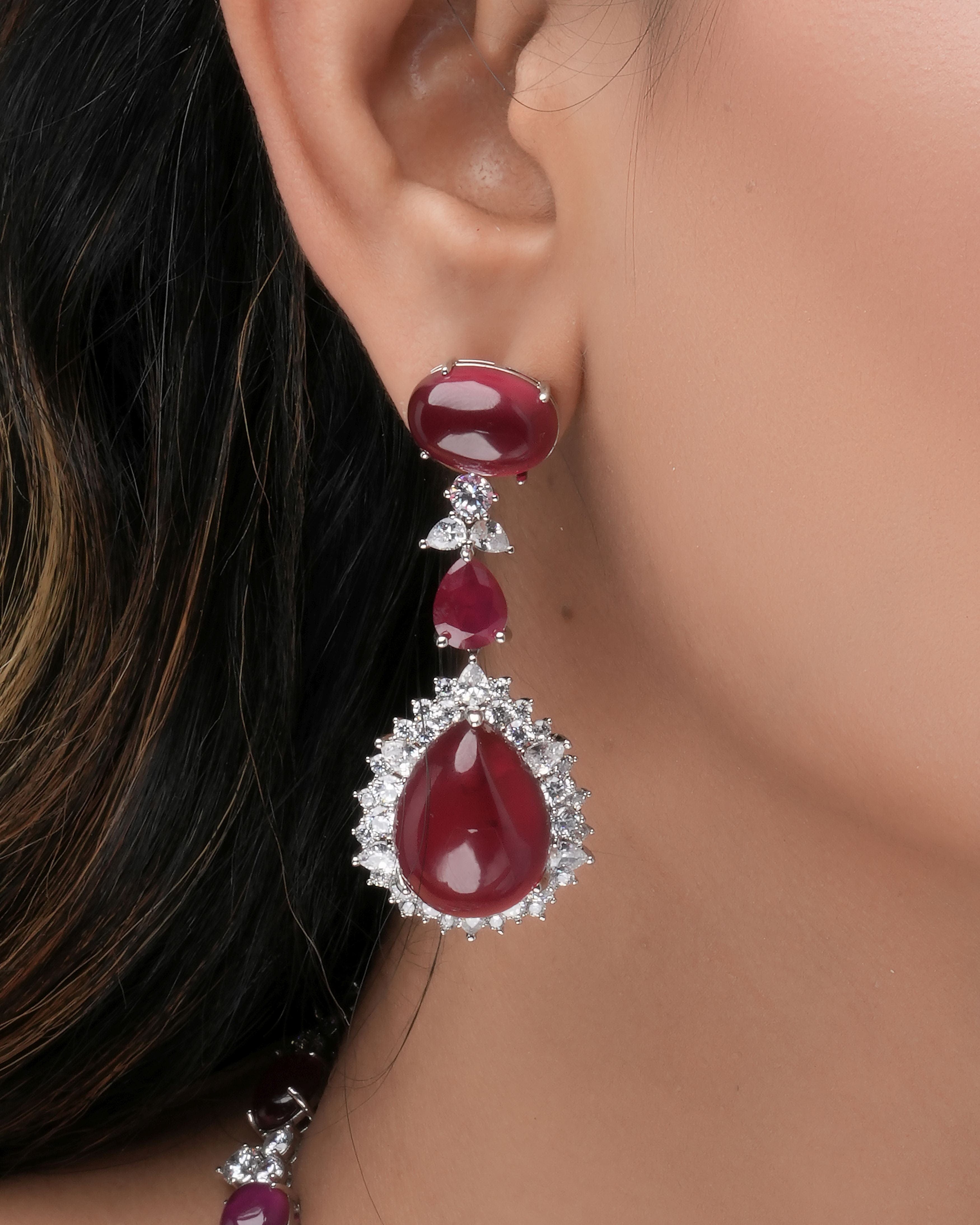 Mataari Necklaces Regal Ruby Teardrop CZ ( Swarovski Elements)  Necklace & Earrings Set – Bridal Statement Jewelry