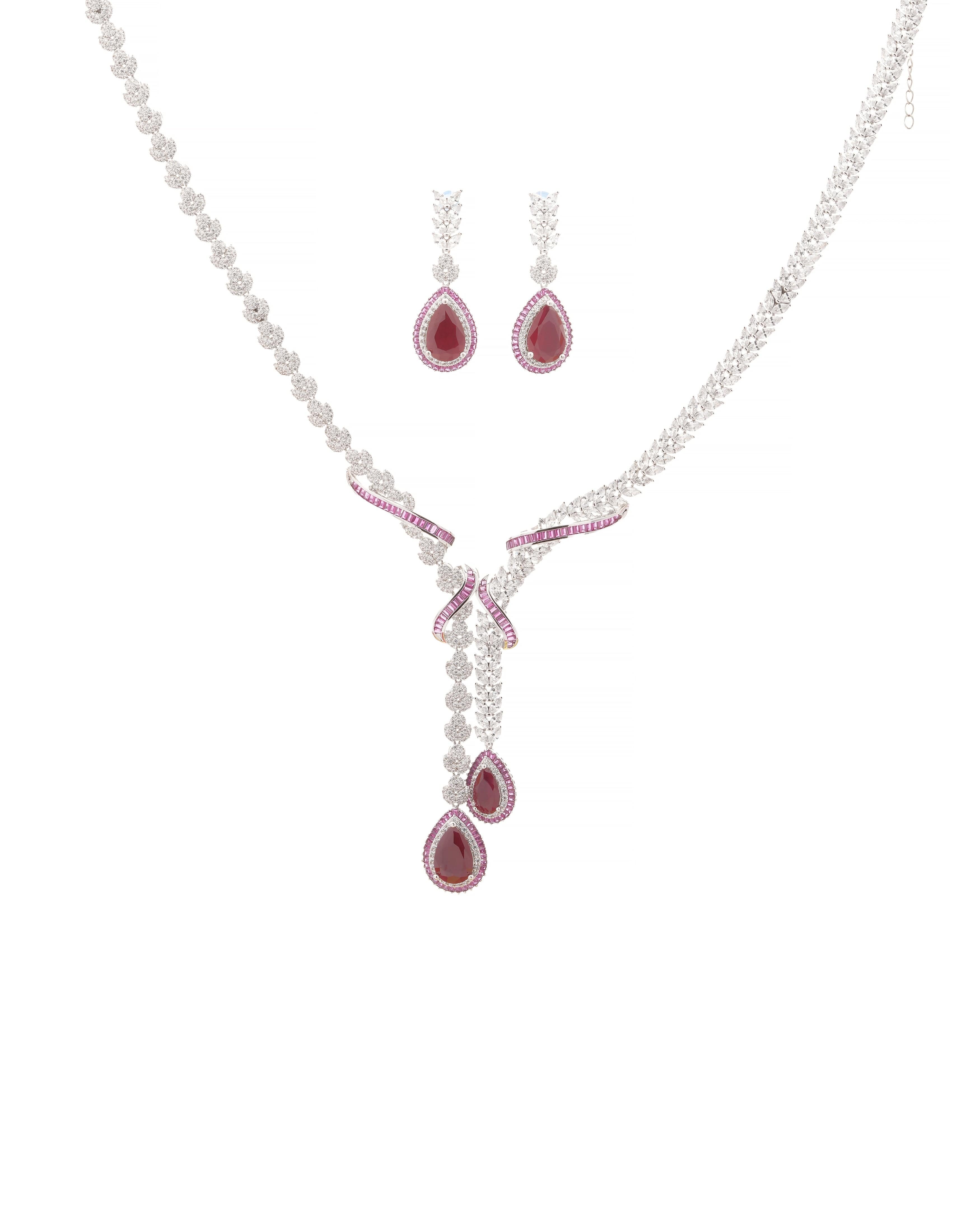 Mataari Necklaces Rosaria Ruby Baguette Necklace Set – Swarovski | Rhodium | Indian Jewelry | Mataari