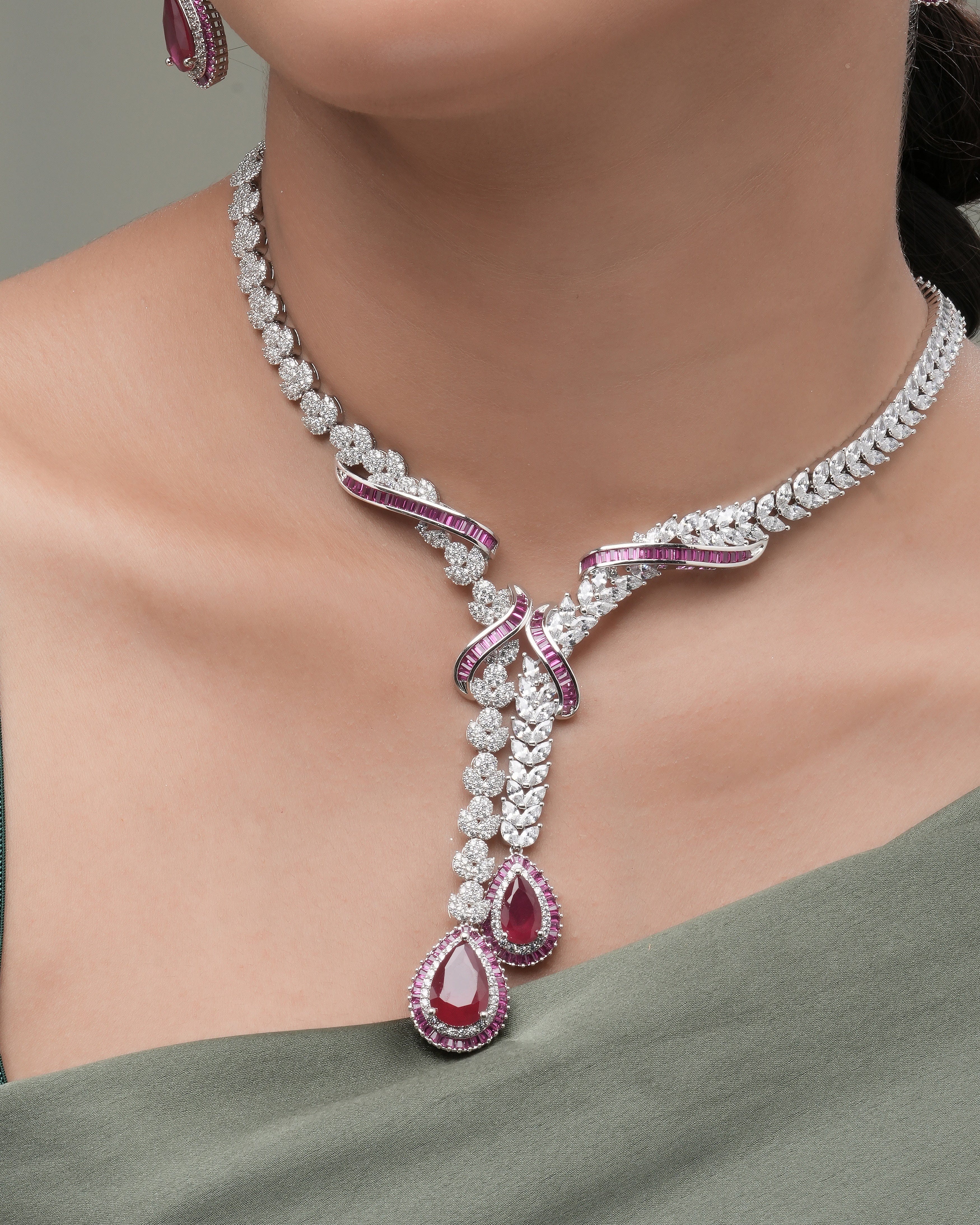 Mataari Necklaces Rosaria Ruby Baguette Necklace Set – Swarovski | Rhodium | Indian Jewelry | Mataari