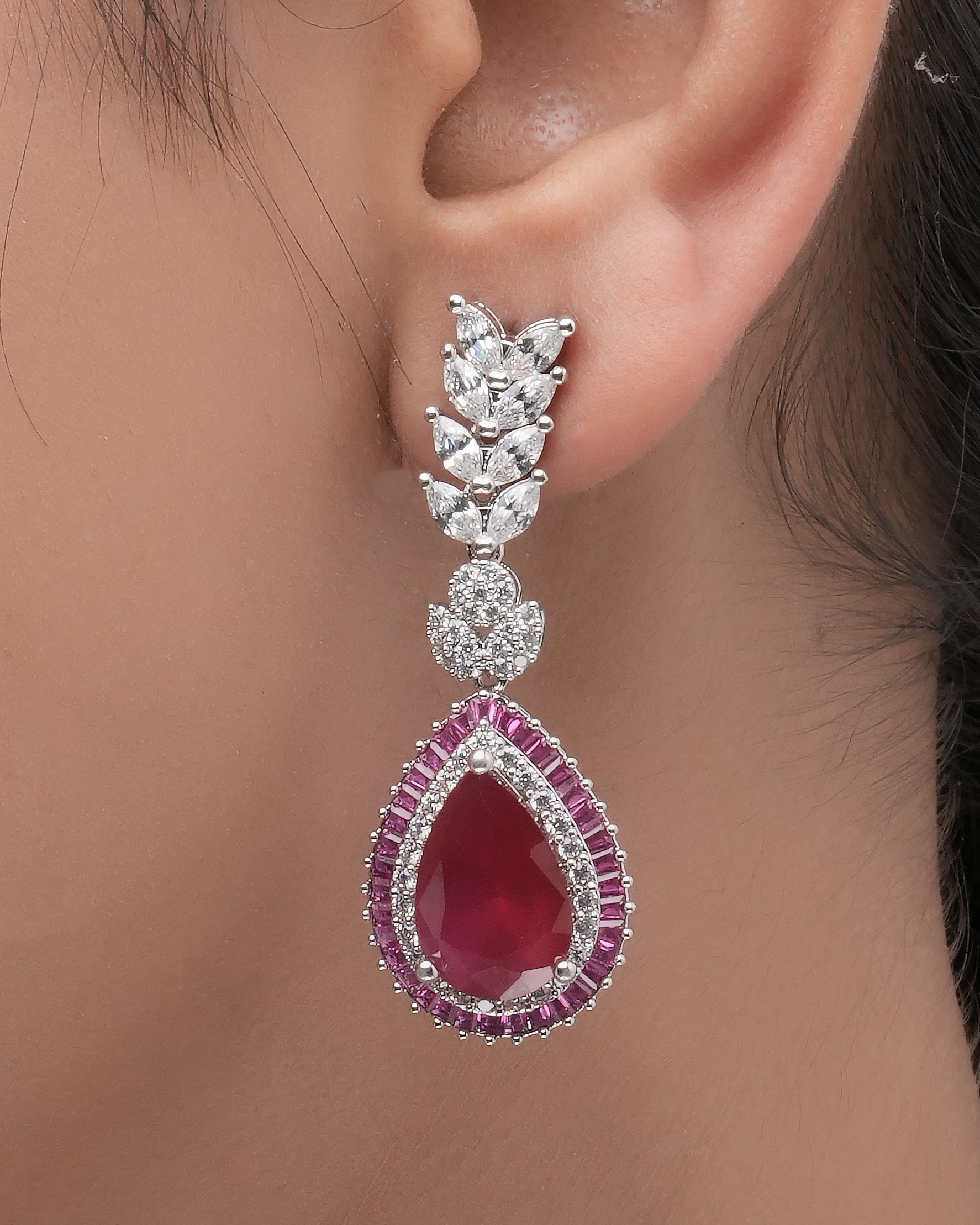 Mataari Necklaces Rosaria Ruby Baguette Necklace Set – Swarovski | Rhodium | Indian Jewelry | Mataari