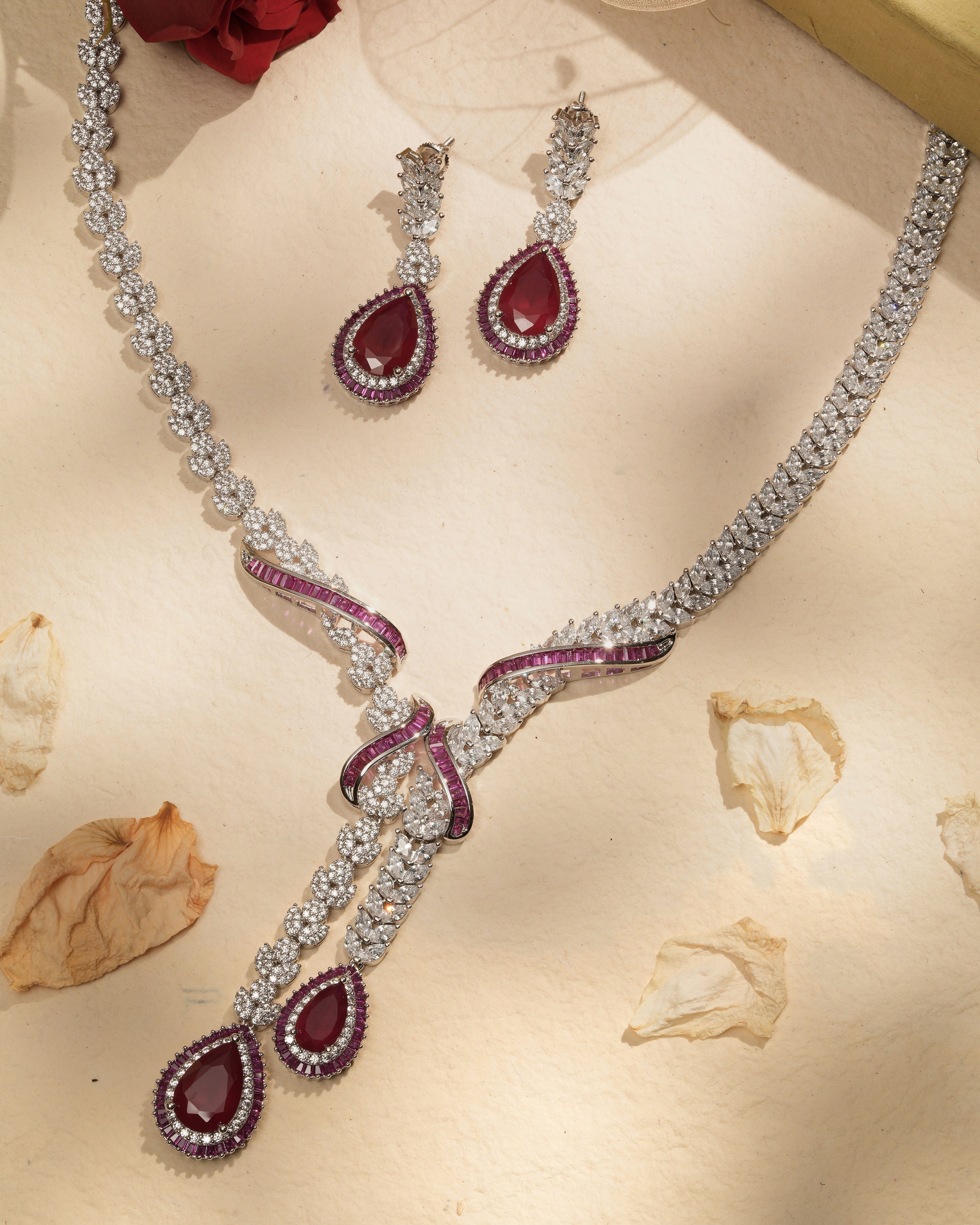 Mataari Necklaces Rosaria Ruby Baguette Necklace Set – Swarovski | Rhodium | Indian Jewelry | Mataari
