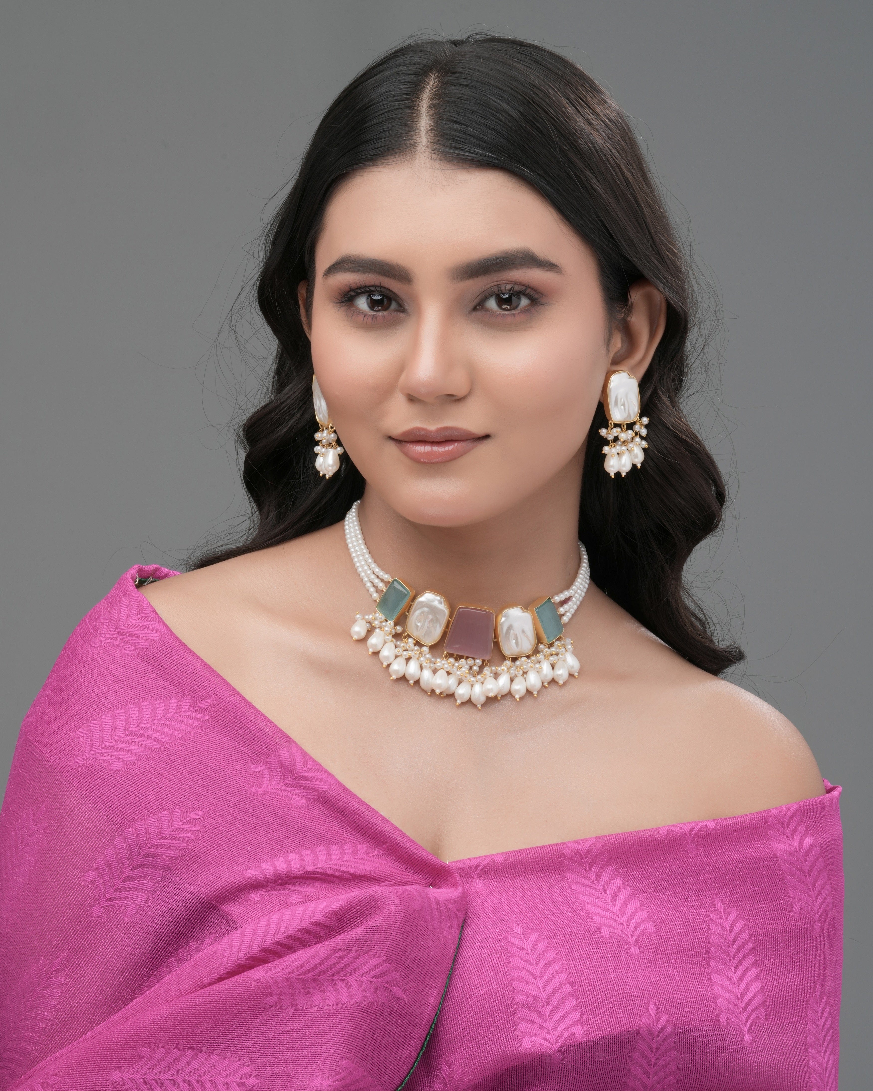Mataari Necklaces Rose Quartz & Aqua Aventurine Pearl Cascade | CZ | Indian Jewelry | Mataari