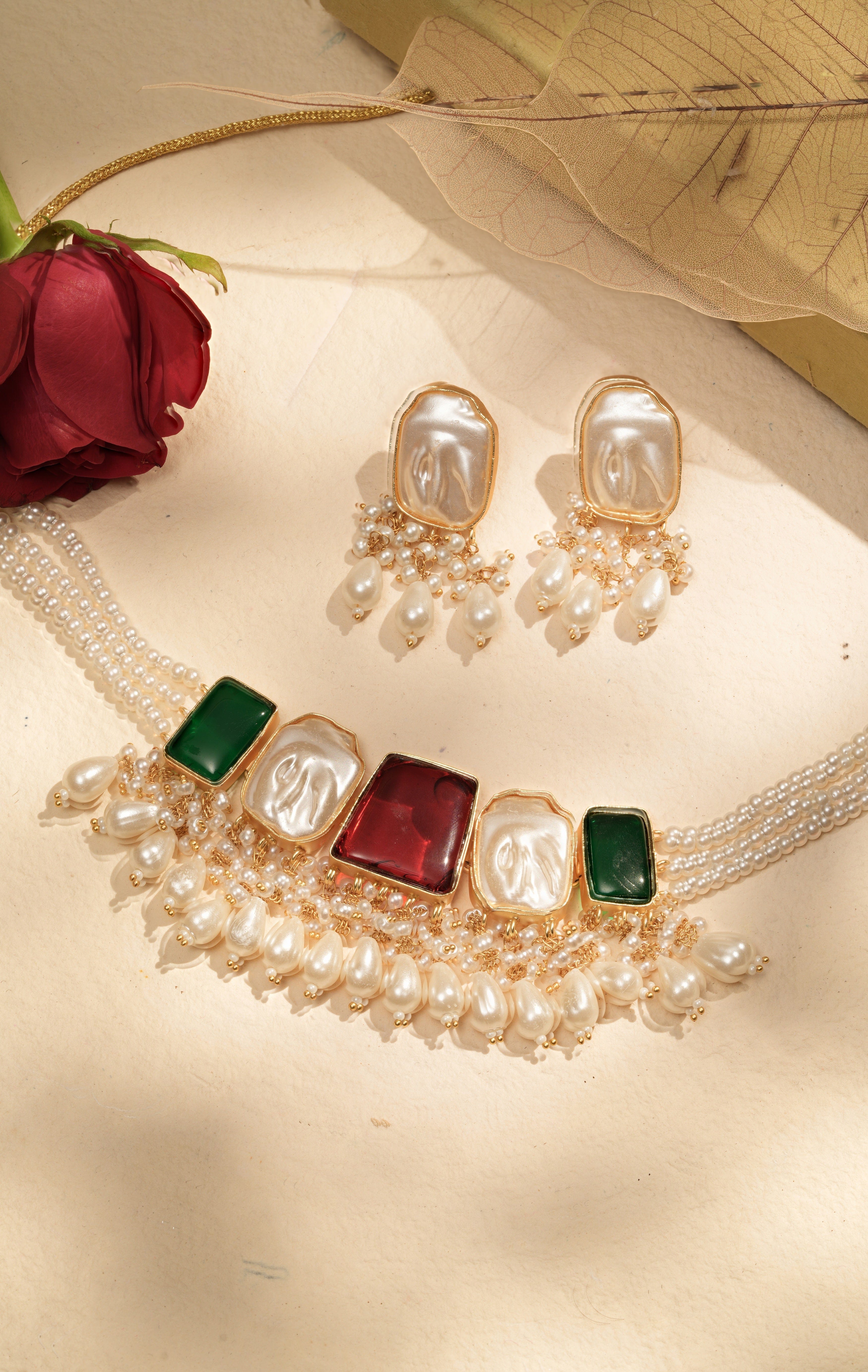 Mataari Necklaces Rose Quartz & Aqua Aventurine Pearl Cascade | CZ | Indian Jewelry | Mataari