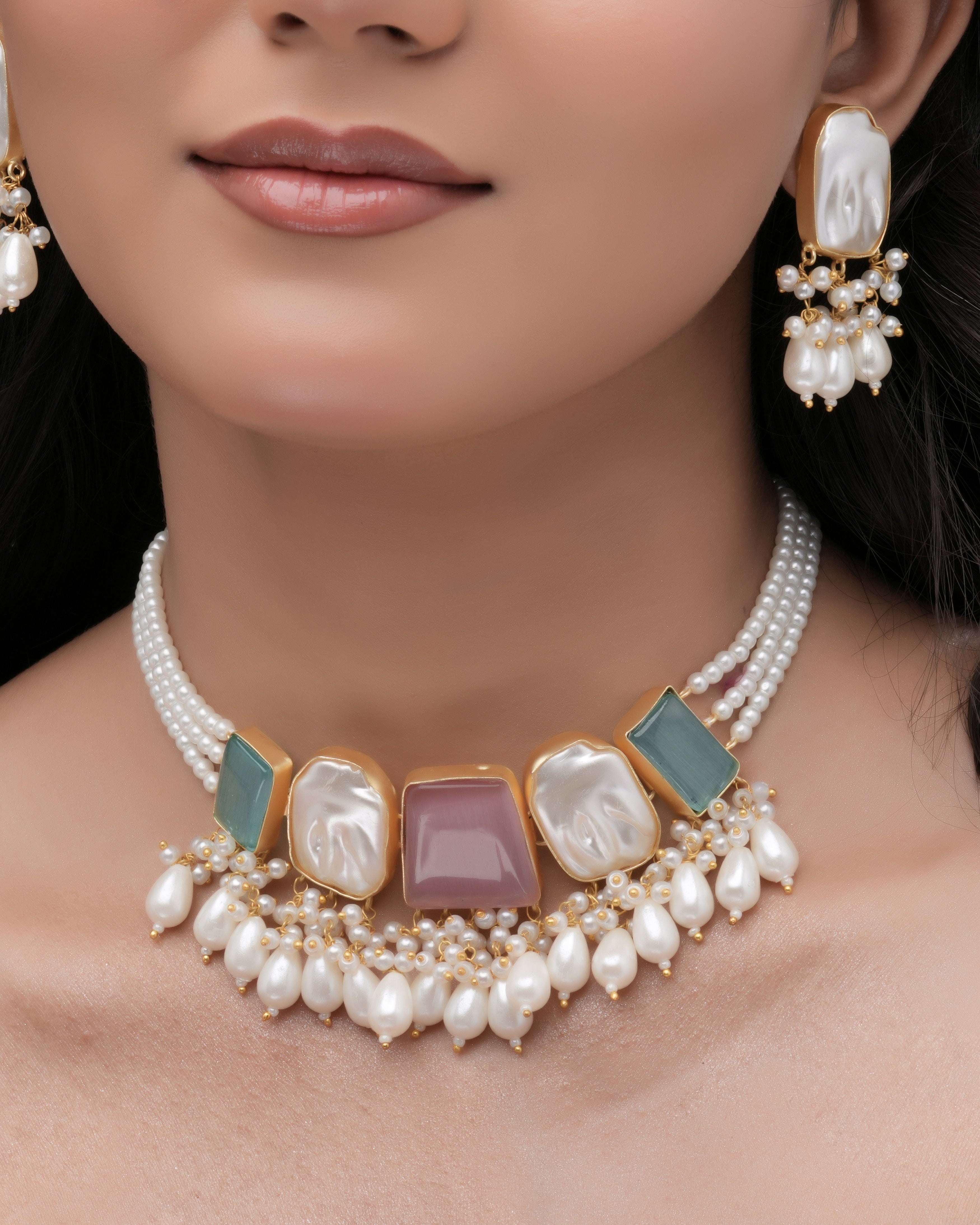 Mataari Necklaces Rose Quartz & Aqua Aventurine Pearl Cascade | CZ | Indian Jewelry | Mataari