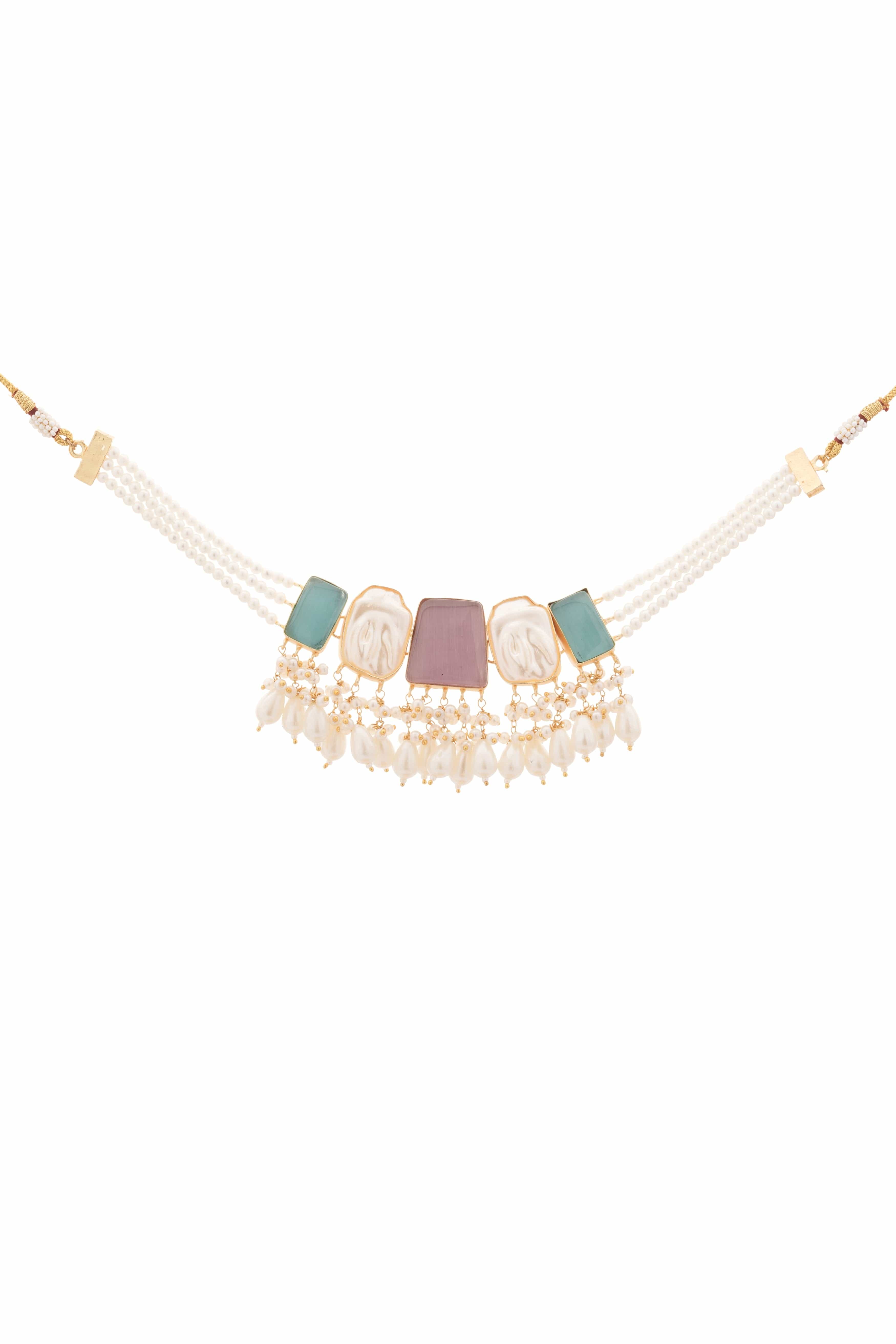 Mataari Necklaces Rose Quartz & Aqua Aventurine Pearl Cascade | CZ | Indian Jewelry | Mataari