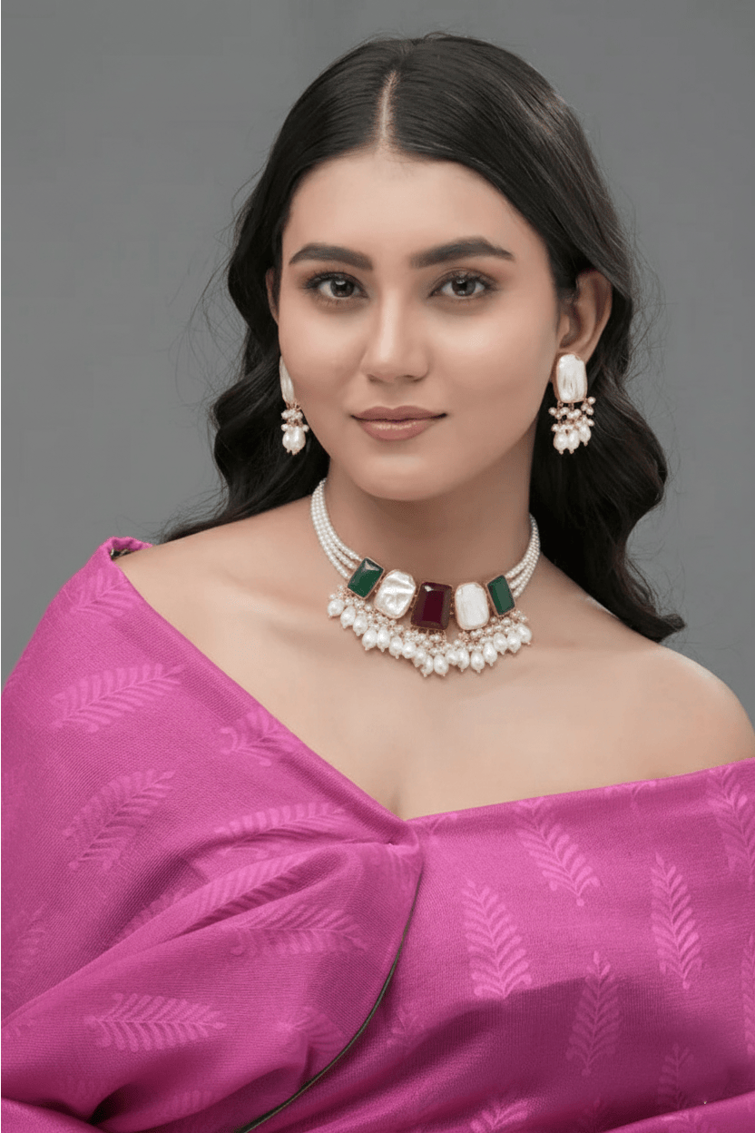 Mataari Necklaces Rose Quartz & Aqua Aventurine Pearl Cascade | CZ | Indian Jewelry | Mataari