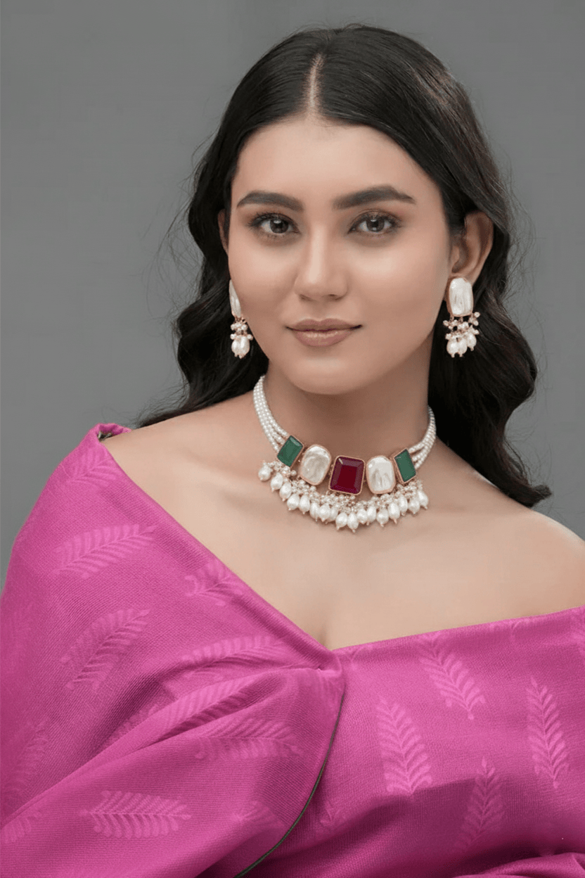 Mataari Necklaces Rose Quartz & Aqua Aventurine Pearl Cascade | CZ | Indian Jewelry | Mataari
