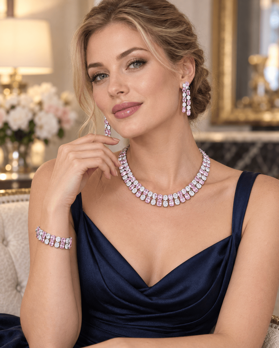 Mataari Necklaces Rose Quartz Silver Plated Crystal Cubic Zirconia Solitaire Necklace
