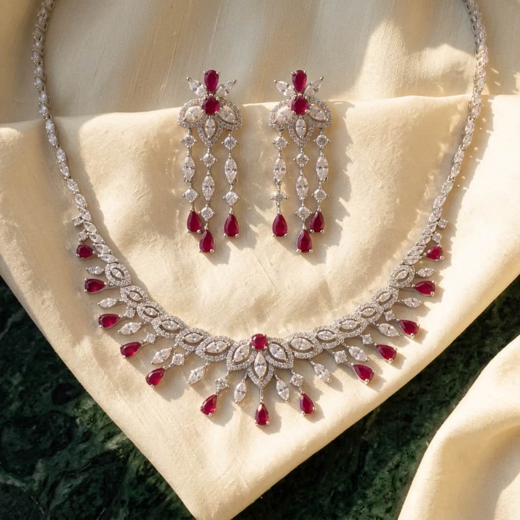 Mataari Necklaces Bridal Silver Plated Crystal Moissanite Wedding Necklace For Women with Emerald, Ruby & Blue Sapphire Accents