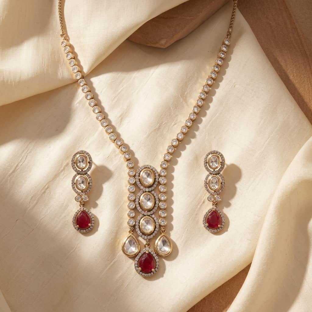 Mataari Necklaces Collar Bridal Kundan Polki Moissanite Necklace with Ruby & Emerald