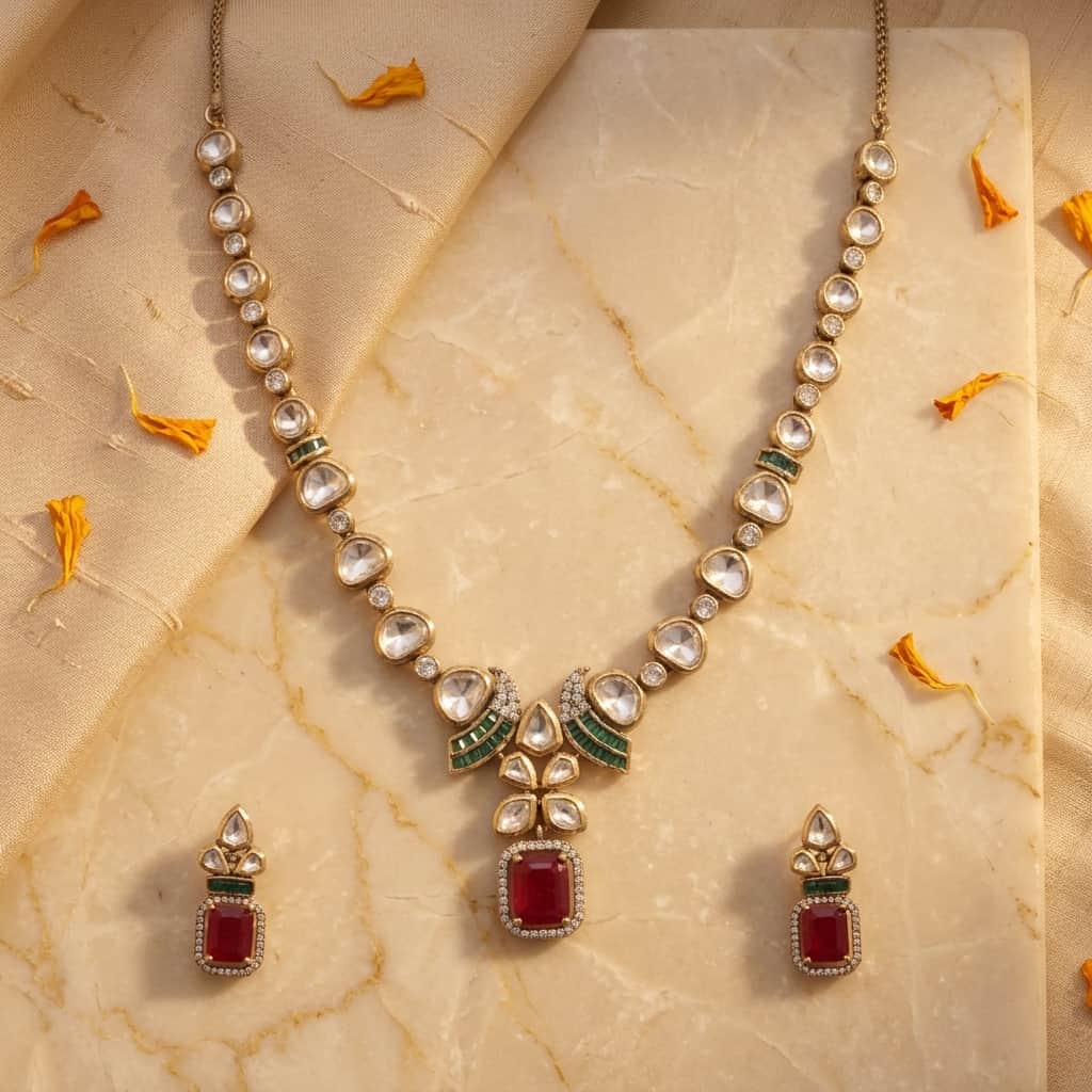 Mataari Necklaces Floral Bridal Kundan Polki Baguette Moissanite Necklace with Ruby & Emerald