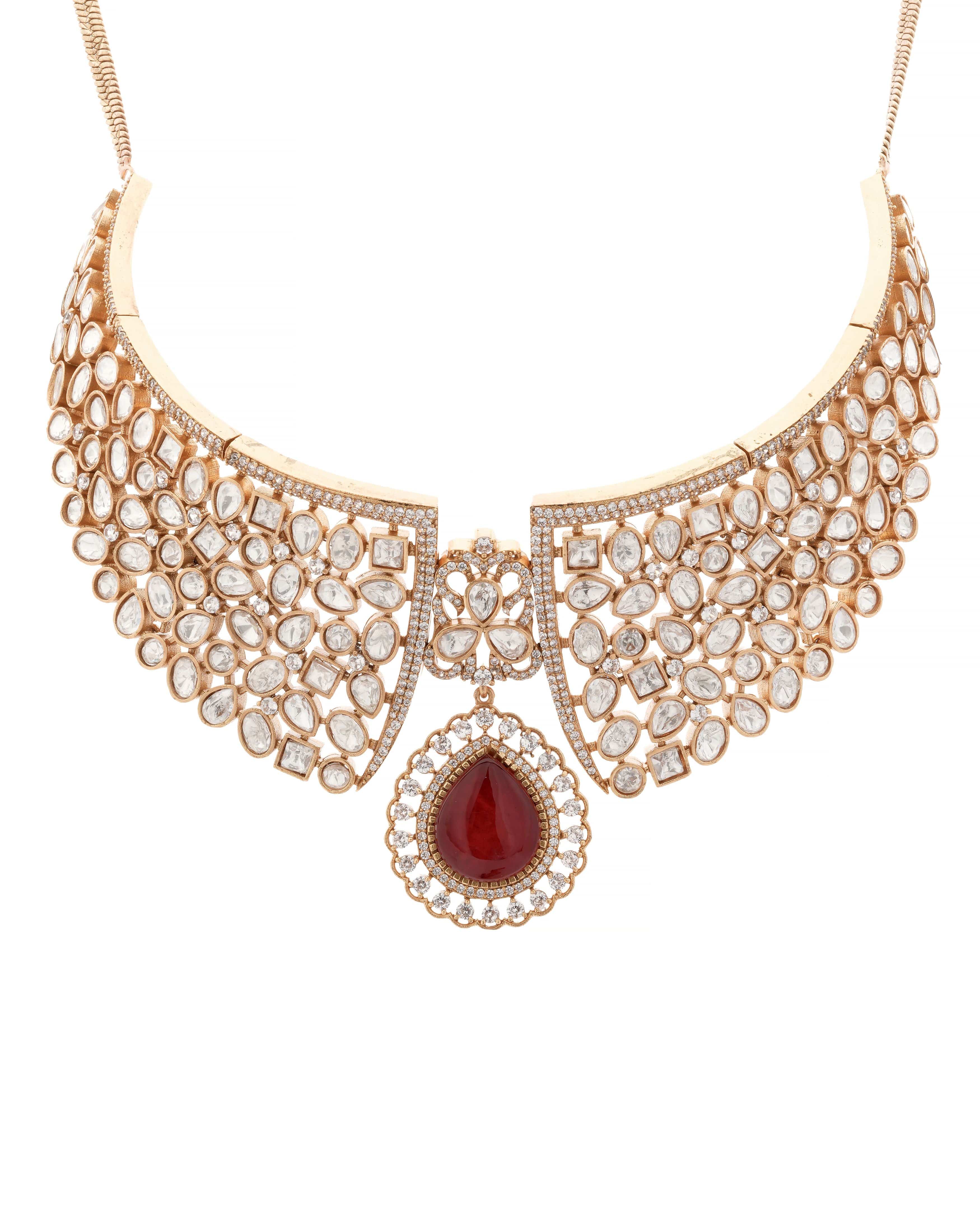 Mataari Necklaces Ruby Flame Gold Bridal Choker Set – | CZ | Indian Jewelry | Mataari