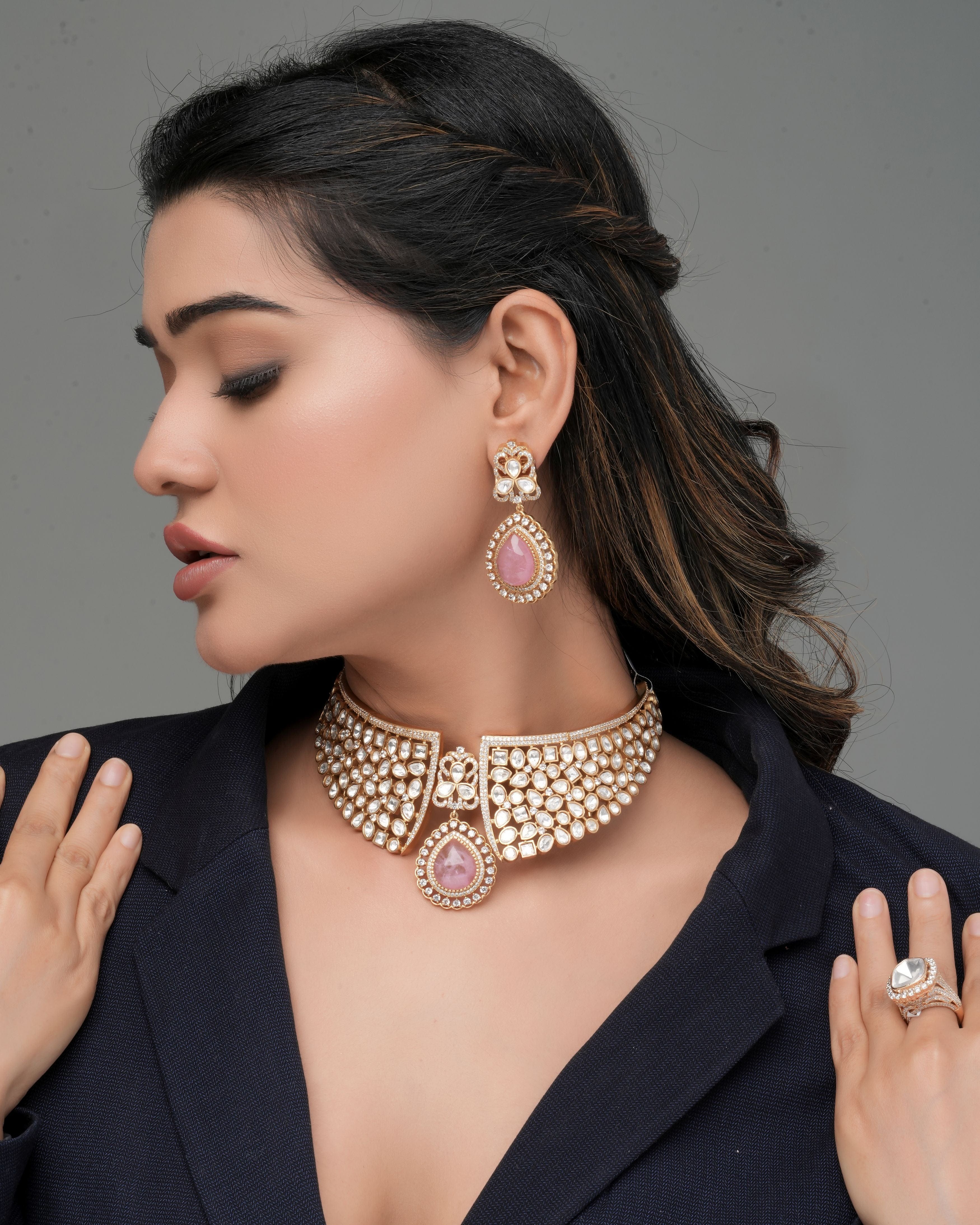 Mataari Necklaces Ruby Flame Gold Bridal Choker Set – | CZ | Indian Jewelry | Mataari