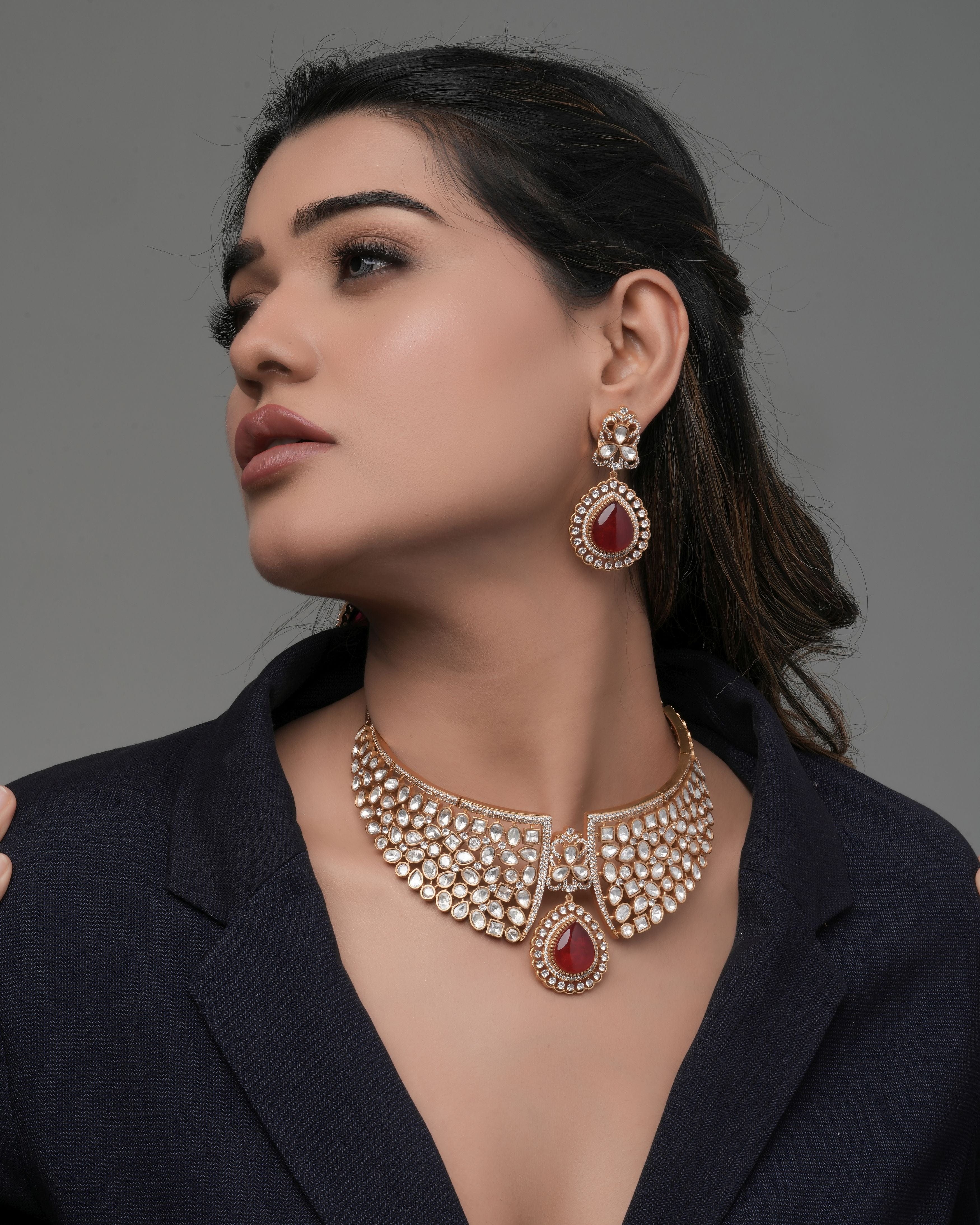 Mataari Necklaces Ruby Flame Gold Bridal Choker Set – | CZ | Indian Jewelry | Mataari